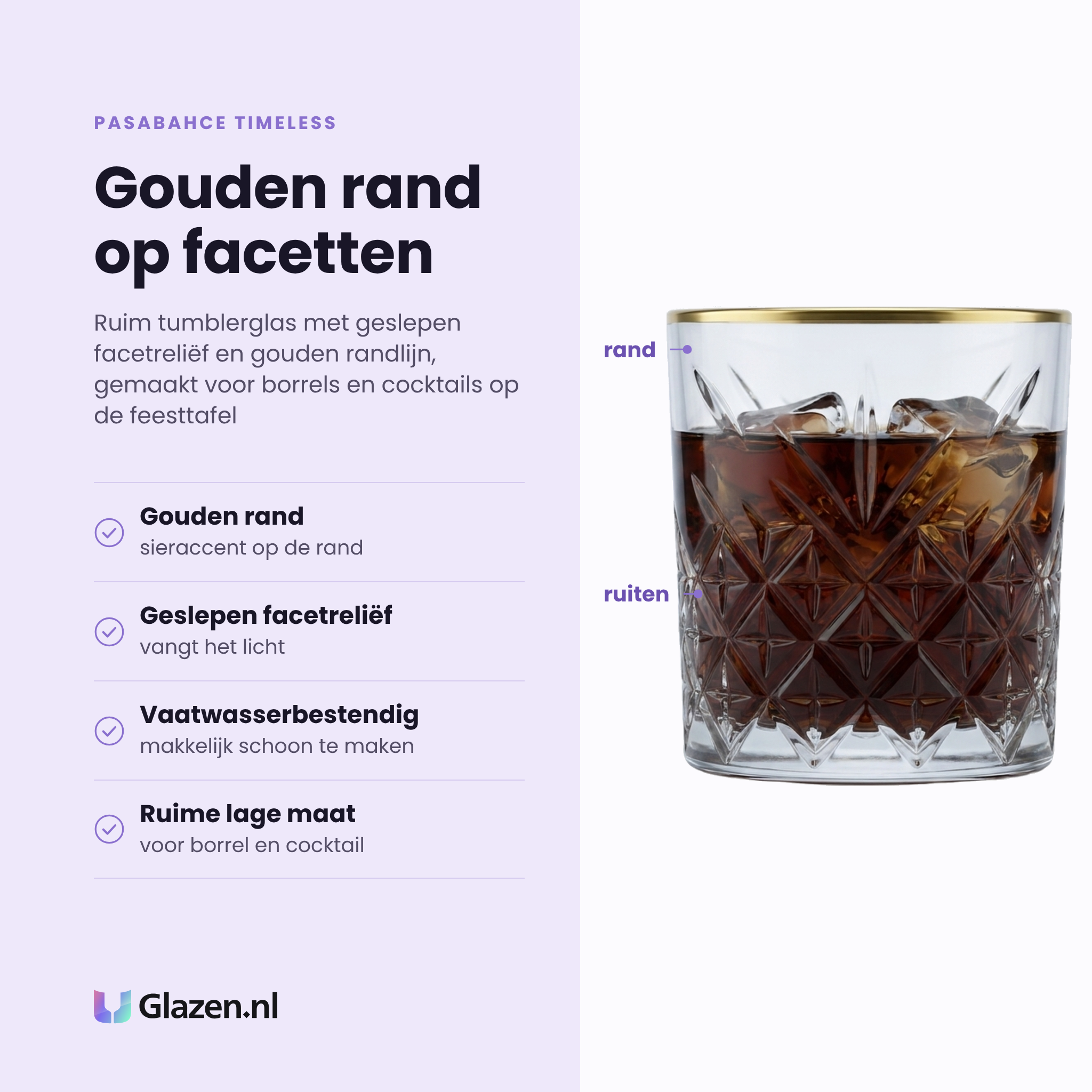 Pasabahce Timeless tumbler 34,5 cl eigenschappen: gouden rand, geslepen facetreliëf, vaatwasserbestendig, ruime lage maat