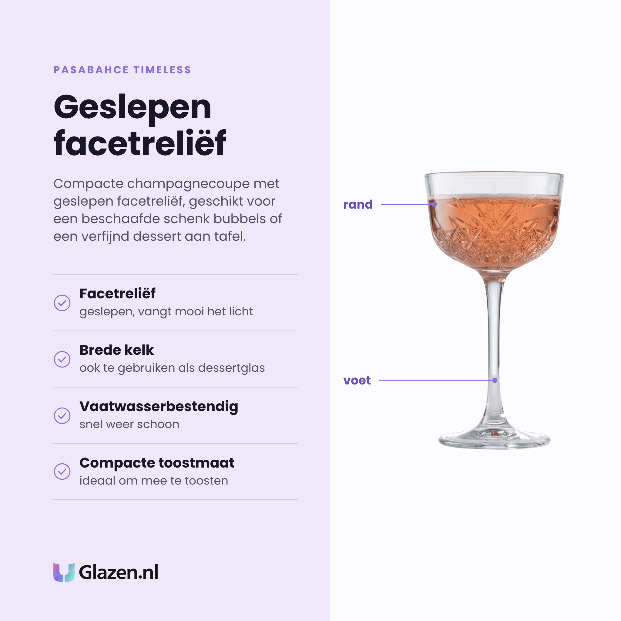 Pasabahce Timeless champagneglas / coupe 16 cl eigenschappen: geslepen facetreliëf, brede kelk, vaatwasserbestendig, compacte toostmaat
