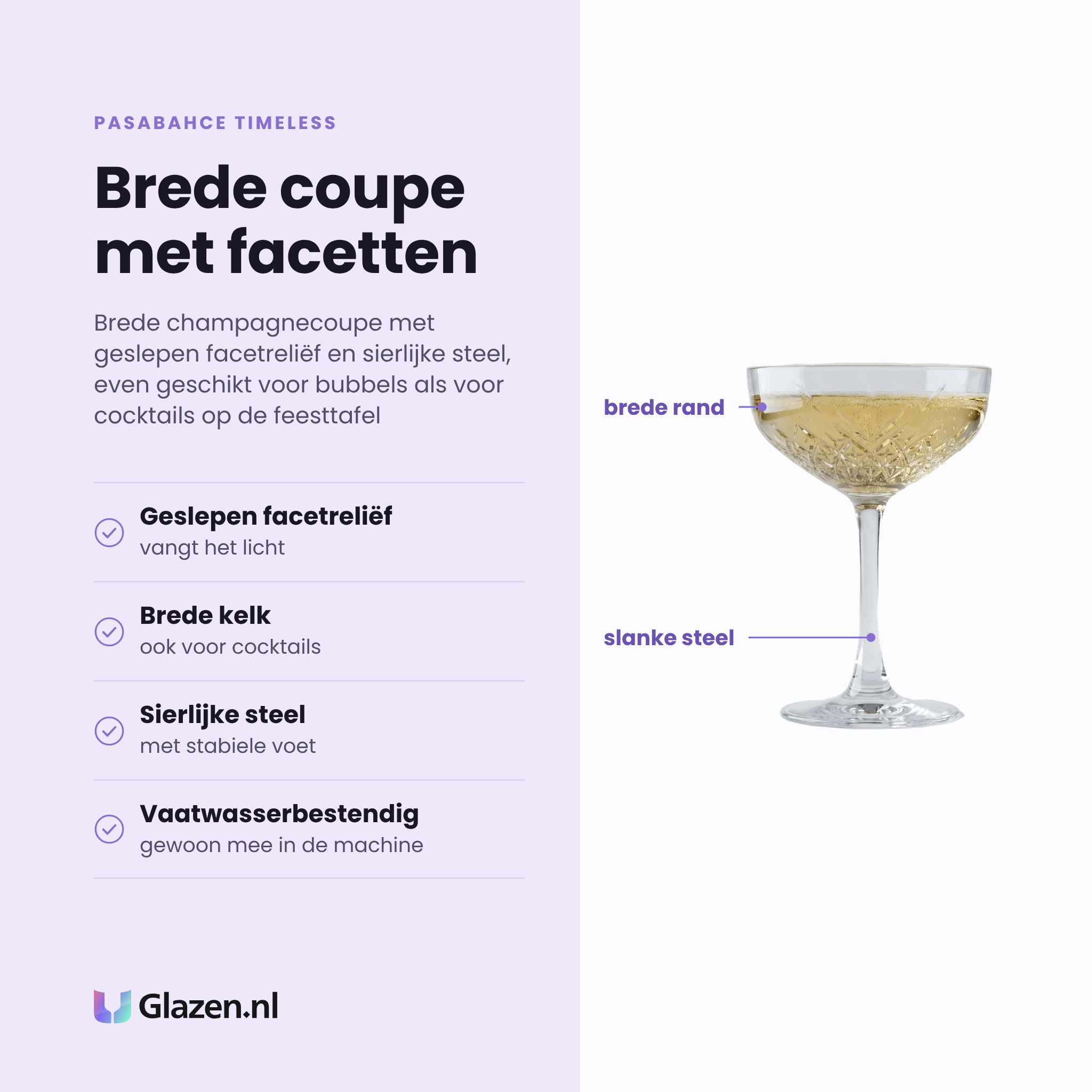 Pasabahce Timeless champagnecoupe 25,5 cl eigenschappen: geslepen facetreliëf, brede kelk ook voor cocktails, sierlijke steel, vaatwasserbestendig