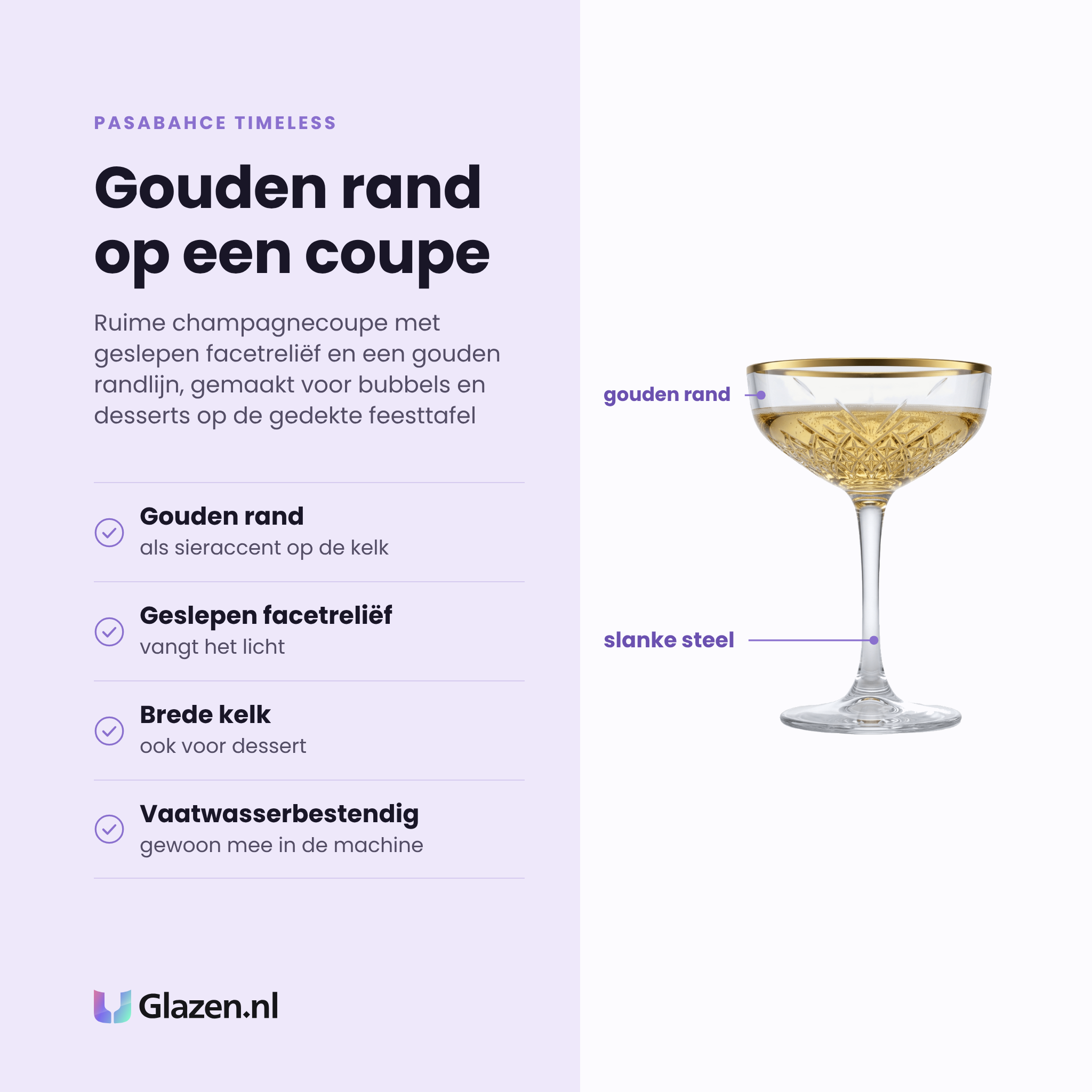 Pasabahce Timeless champagnecoupe 27 cl gouden rand eigenschappen: gouden rand als sieraccent, geslepen facetreliëf, brede kelk ook voor dessert, vaatwasserbestendig