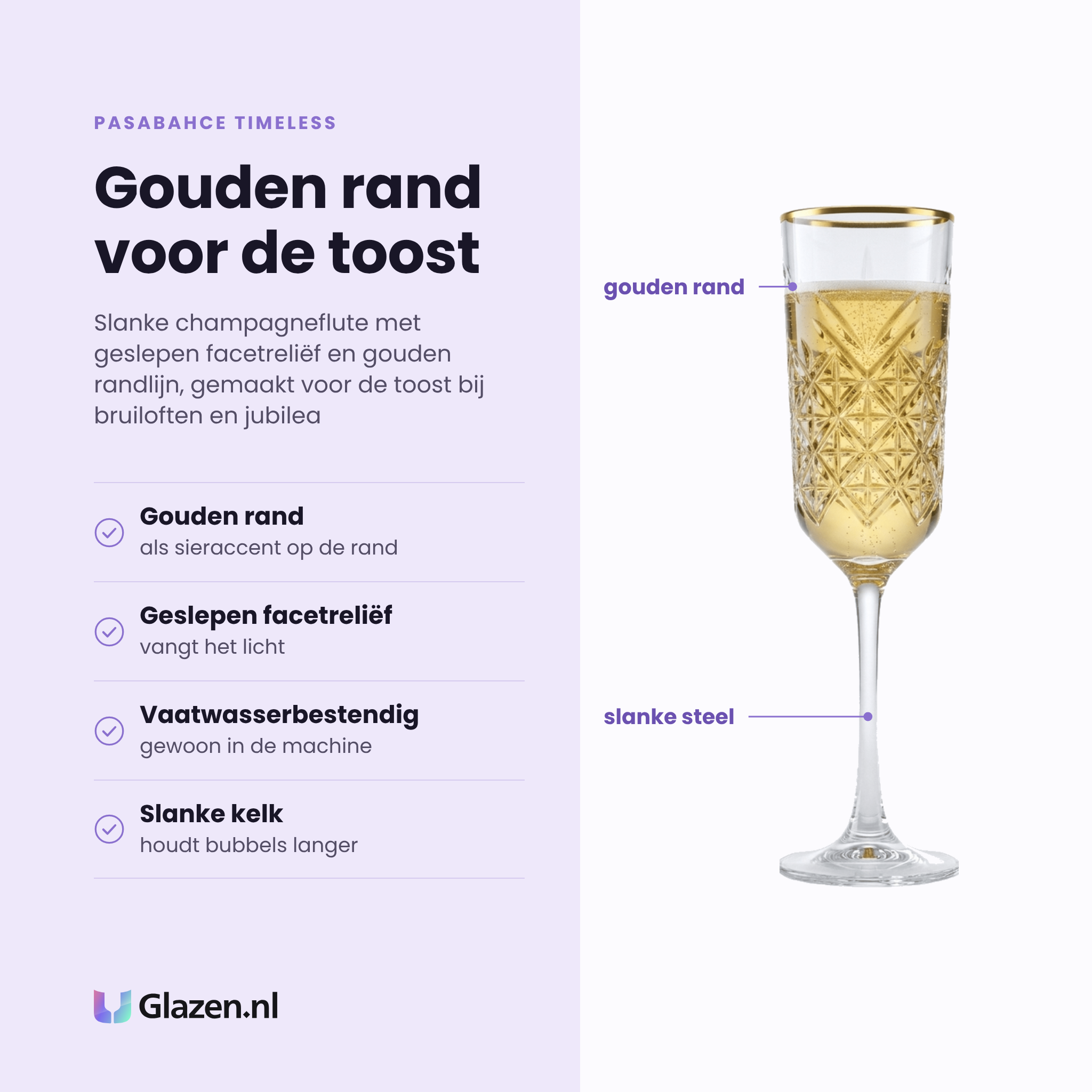 Pasabahce Timeless champagneflute 17,5 cl eigenschappen: gouden randlijn, geslepen facetreliëf, slanke kelk houdt de bubbels, vaatwasserbestendig