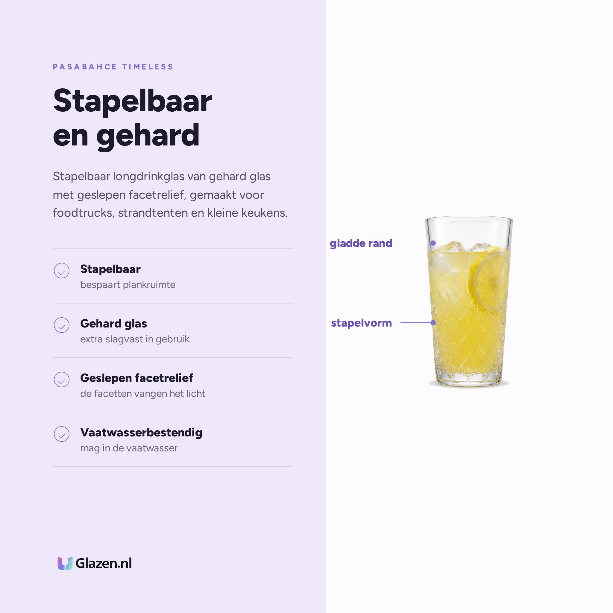 Pasabahce Timeless Longdrinkglas 45 Cl Stapelbaar eigenschappen: stapelbaar, gehard glas, geslepen facetrelief, vaatwasserbestendig