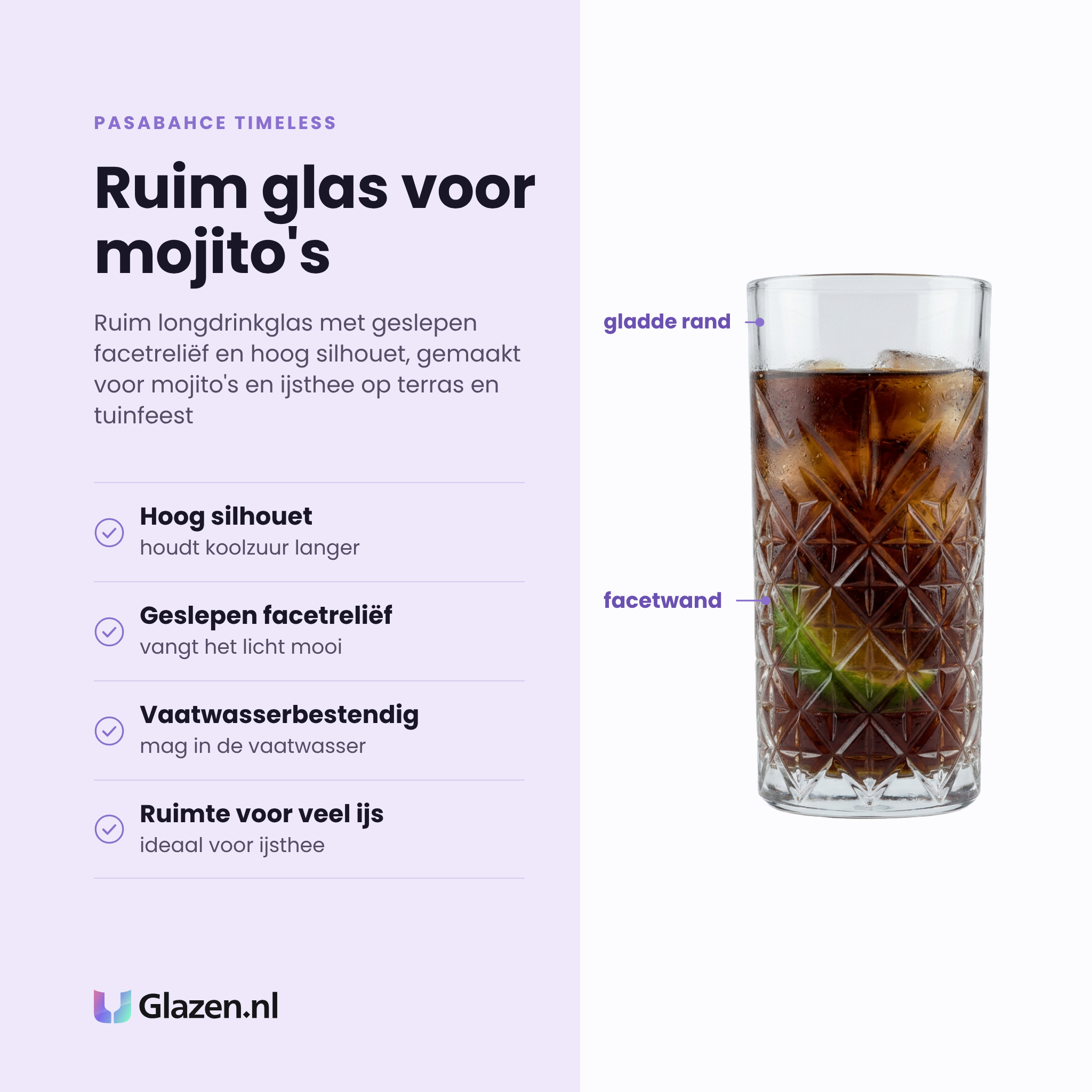 Pasabahce Timeless longdrinkglas 45 cl eigenschappen: hoog silhouet, geslepen facetreliëf, vaatwasserbestendig, ruimte voor veel ijs