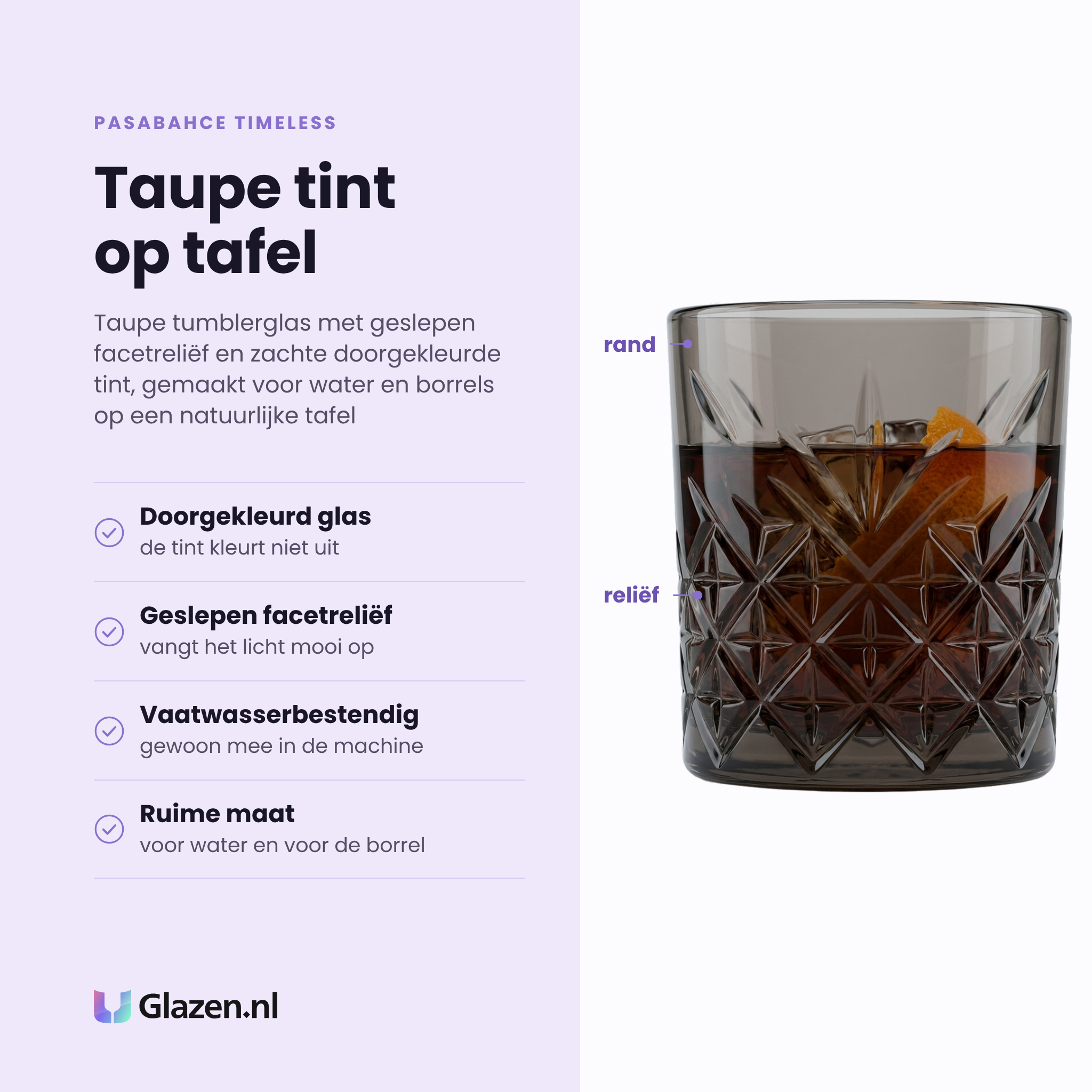 Pasabahce Timeless tumbler 34,5 cl taupe eigenschappen: doorgekleurd glas, geslepen facetreliëf, vaatwasserbestendig, ruime maat