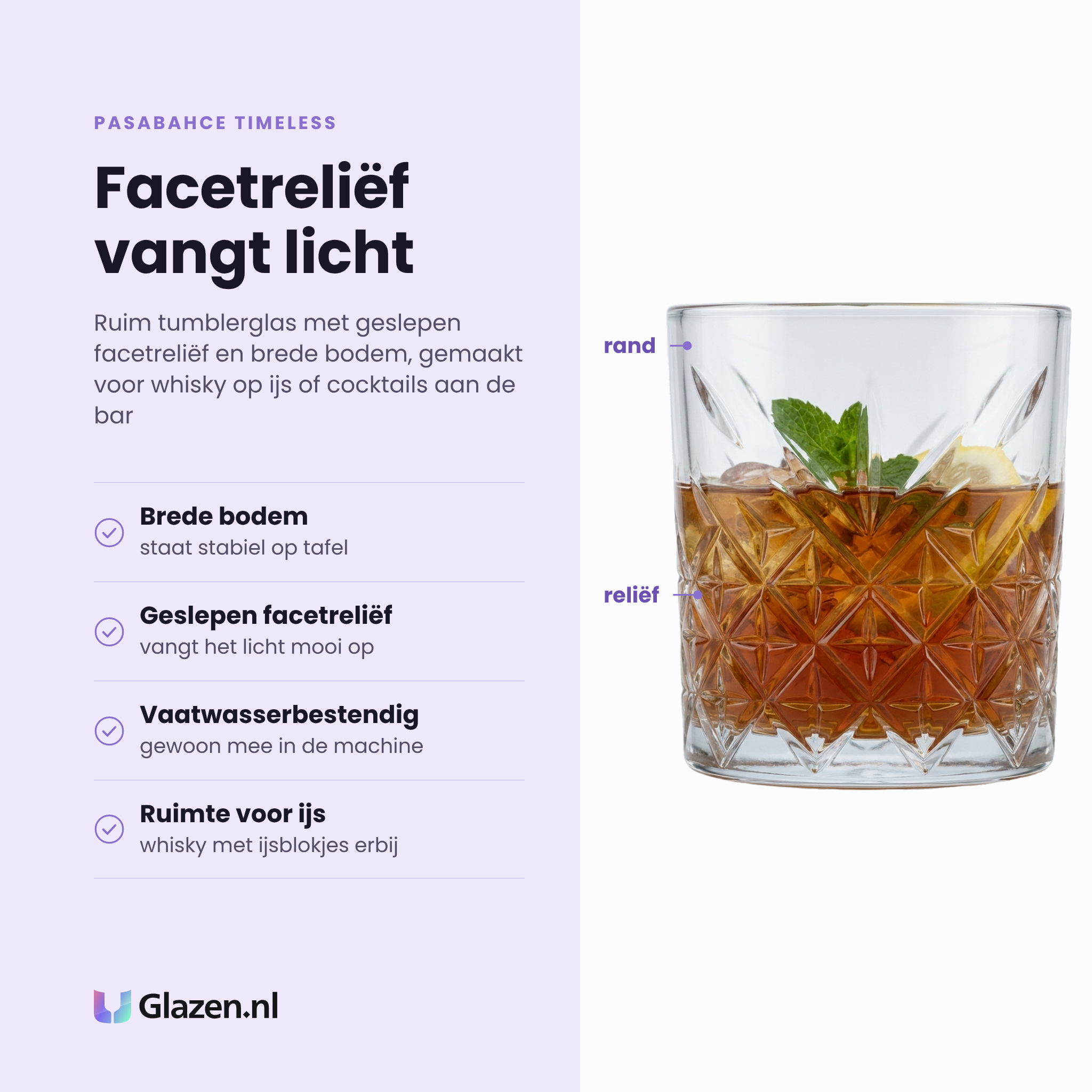 Pasabahce Timeless tumbler 35,5 cl eigenschappen: brede bodem, geslepen facetreliëf, vaatwasserbestendig, ruimte voor ijs