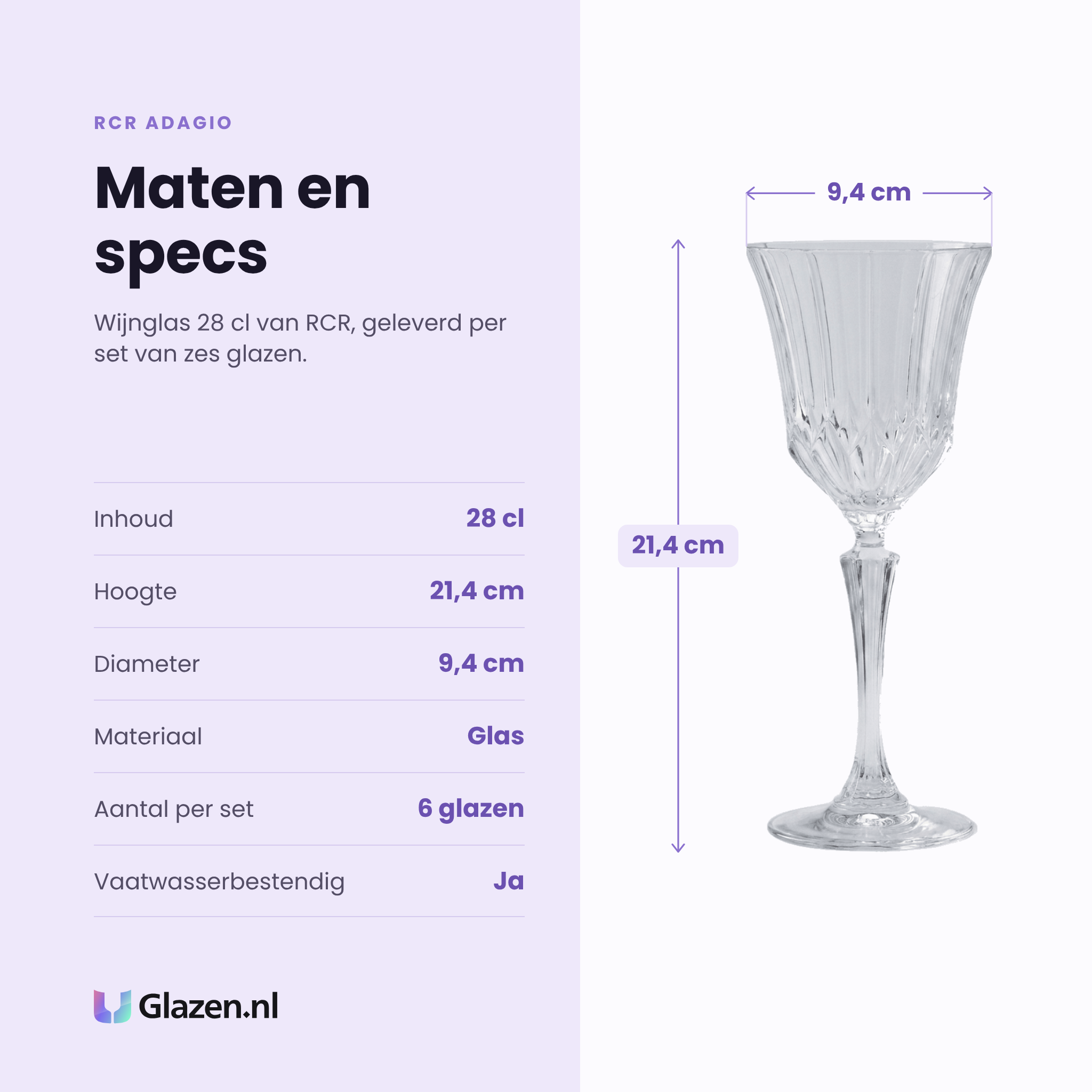 RCR Adagio wijnglas 28 cl specificaties: inhoud 28 cl, hoogte 21,4 cm, diameter 9,4 cm, glas, set van 6