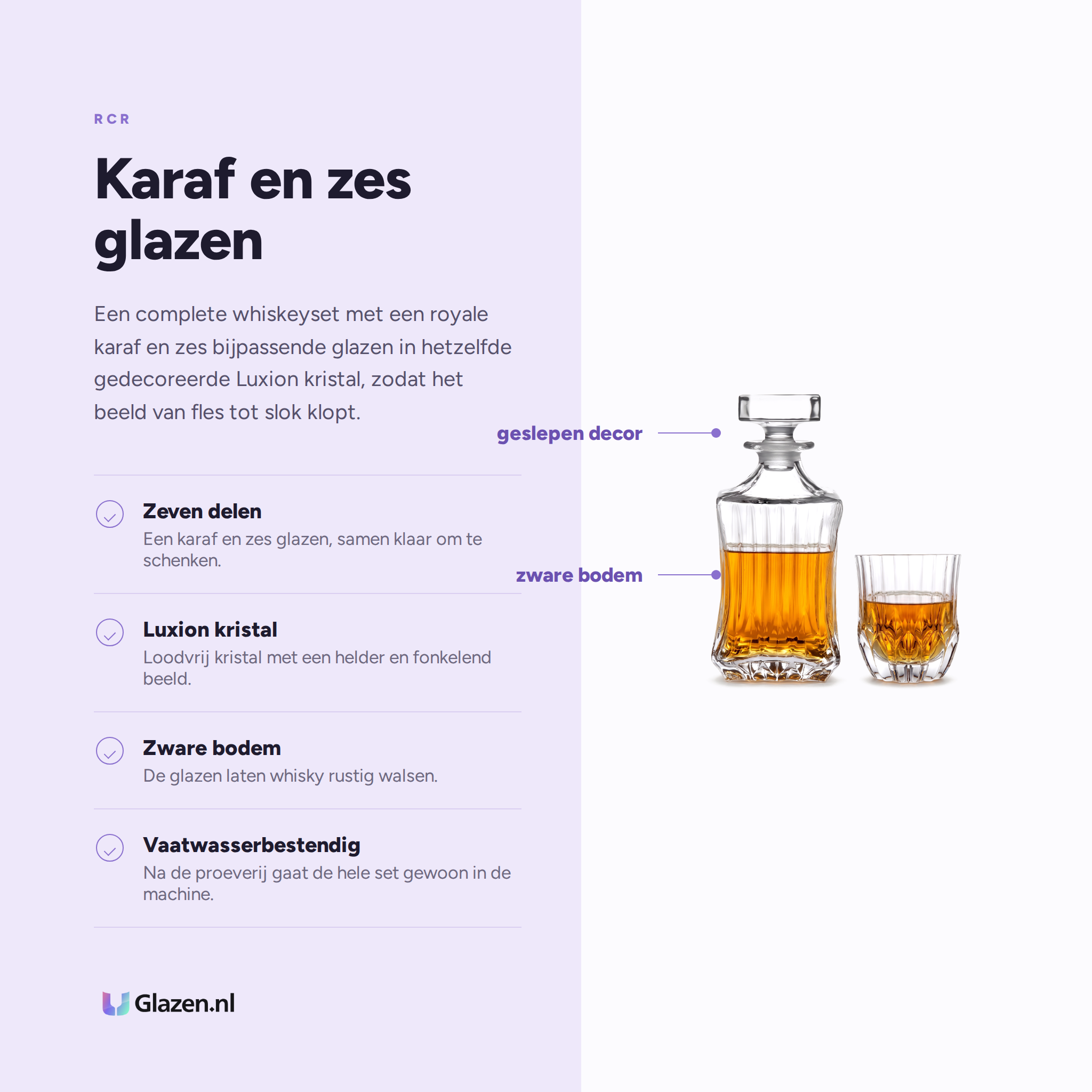 RCR Adagio whiskeyset eigenschappen: zeven delen, Luxion kristal, zware bodem, vaatwasserbestendig