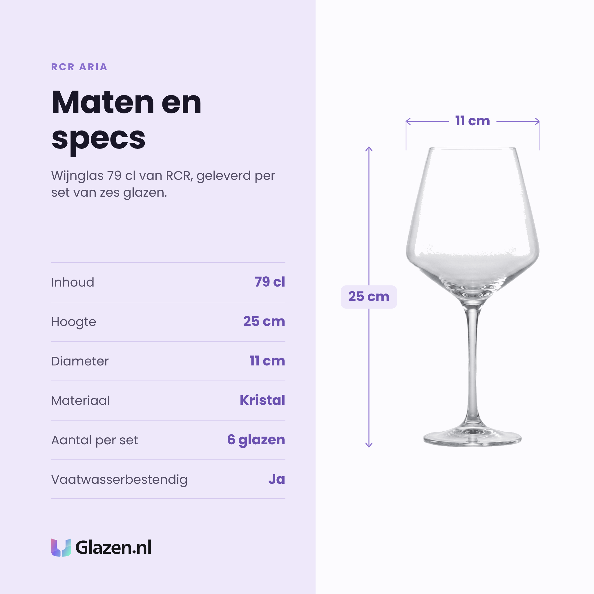 RCR Aria wijnglas 79 cl specificaties: inhoud 79 cl, hoogte 25 cm, diameter 11 cm, kristal, set van 6