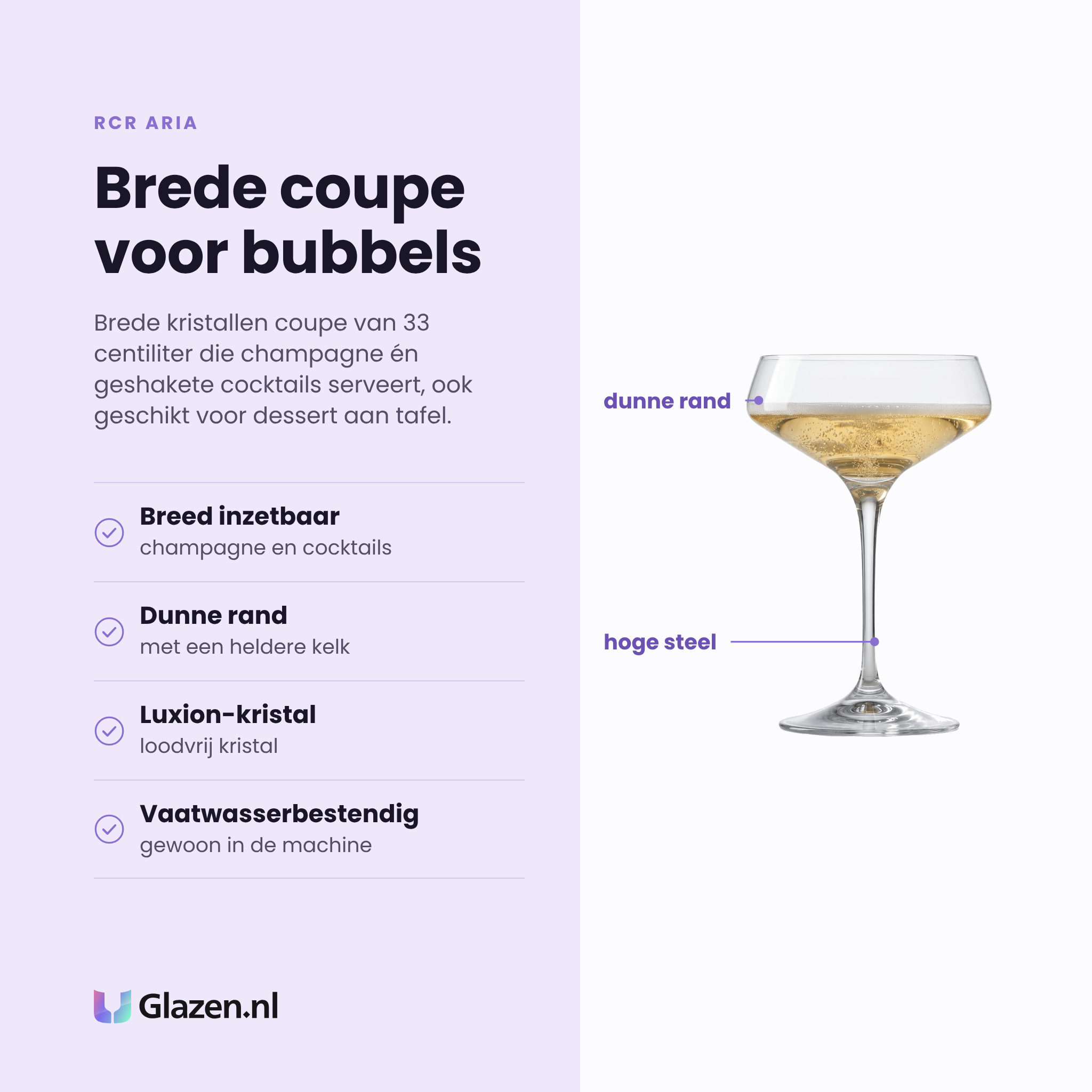 RCR Aria champagnecoupe 33 cl eigenschappen: loodvrij Luxion-kristal, dunne rand, breed inzetbaar voor champagne en cocktails, vaatwasserbestendig