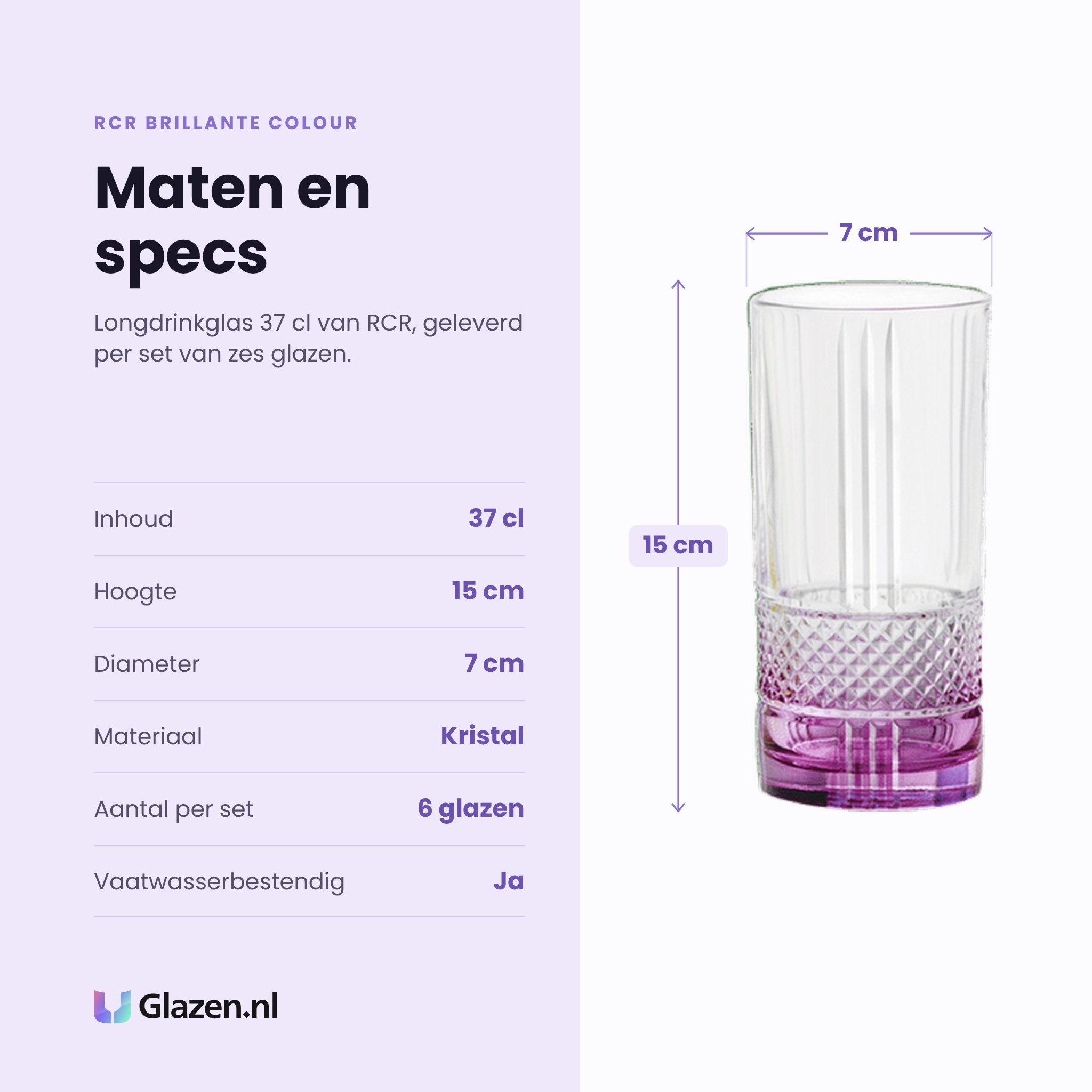 RCR Brillante Colour longdrinkglas 37 cl specificaties: inhoud 37 cl, hoogte 15 cm, diameter 7 cm, kristal, set van 6