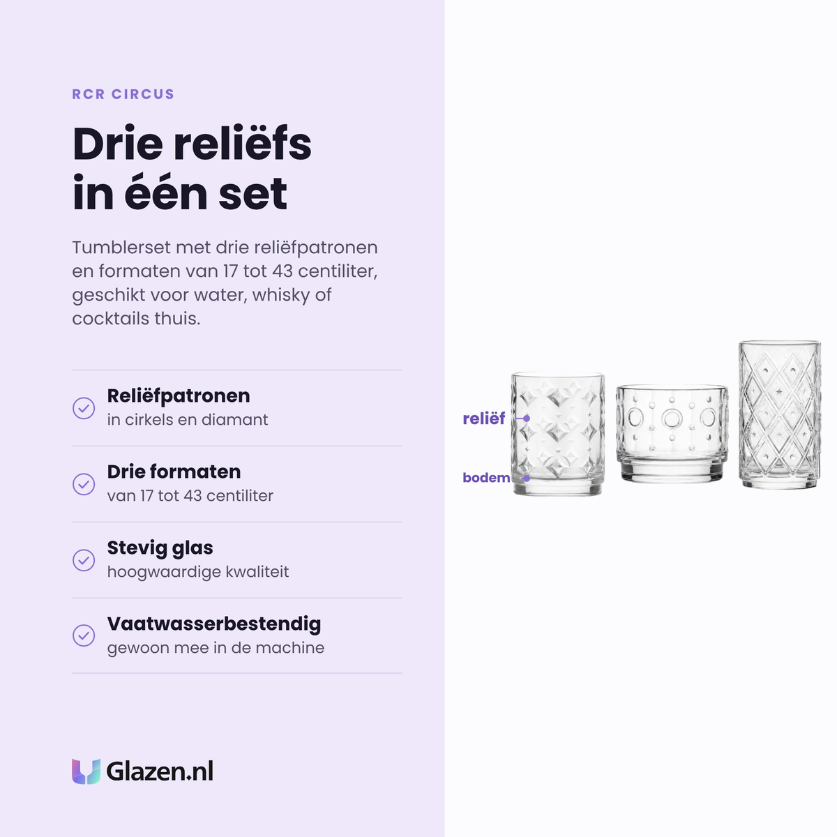 RCR Circus tumblerset eigenschappen: drie reliëfpatronen, formaten van 17 tot 43 cl, stevig glas, vaatwasserbestendig