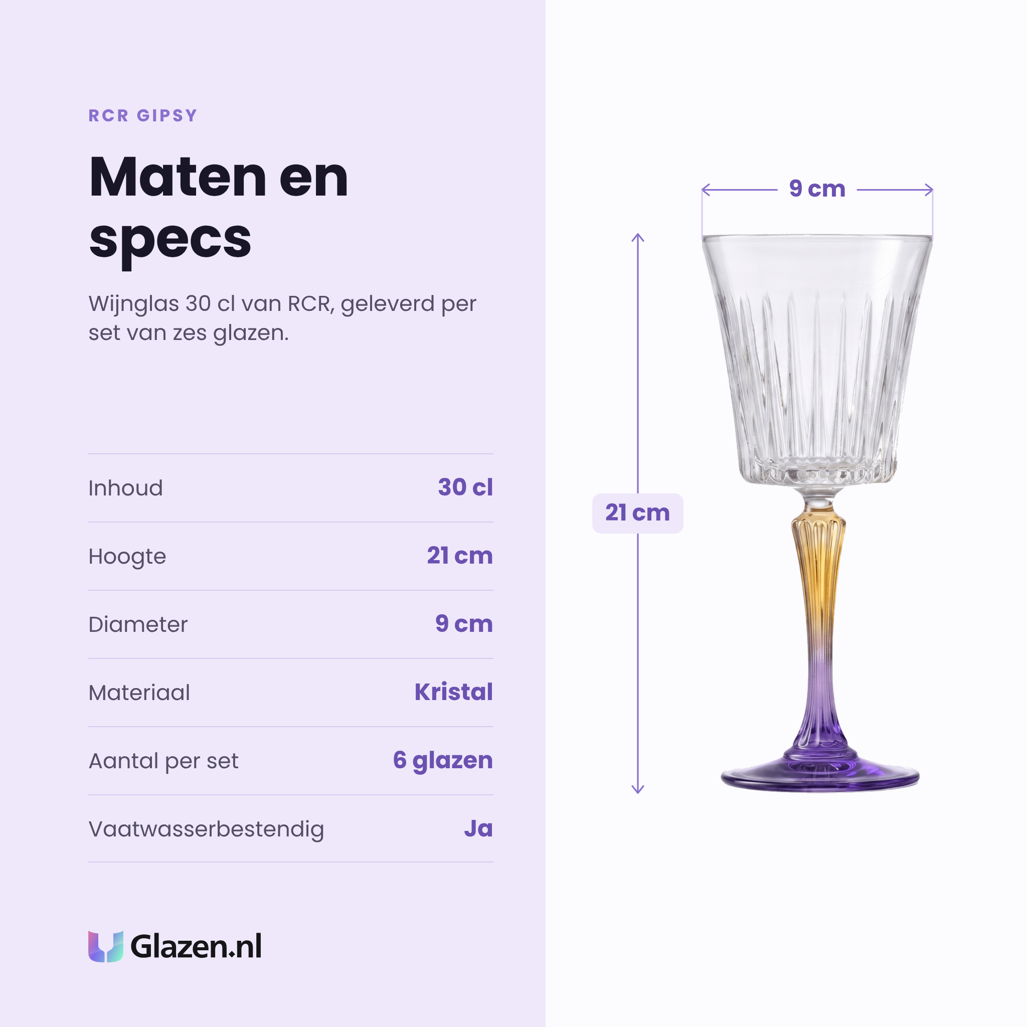 RCR Gipsy wijnglas 30 cl assorti specificaties: inhoud 30 cl, hoogte 21 cm, diameter 9 cm, kristal, set van 6
