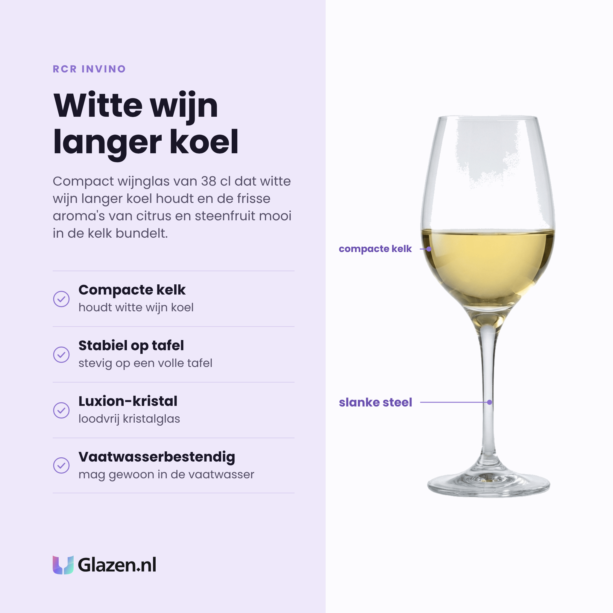 RCR Invino wijnglas 38 cl eigenschappen: compacte kelk, stabiel op tafel, luxion-kristal, vaatwasserbestendig