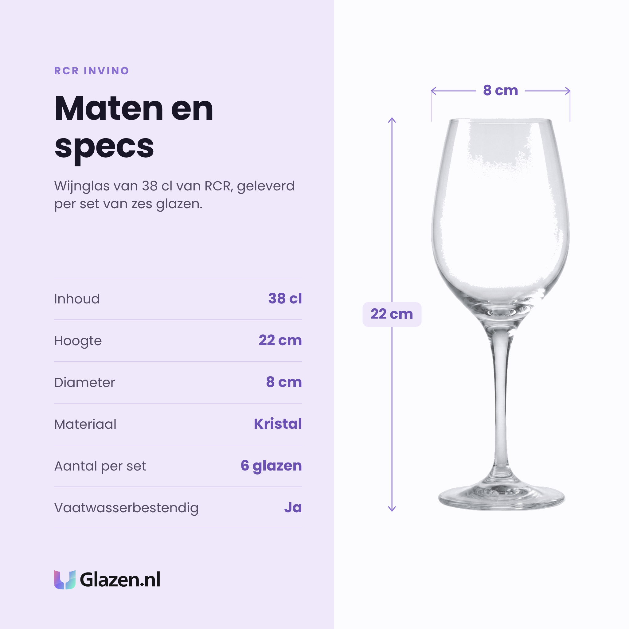 RCR Invino wijnglas 38 cl specificaties: inhoud 38 cl, hoogte 22 cm, diameter 8 cm, kristal, set van 6
