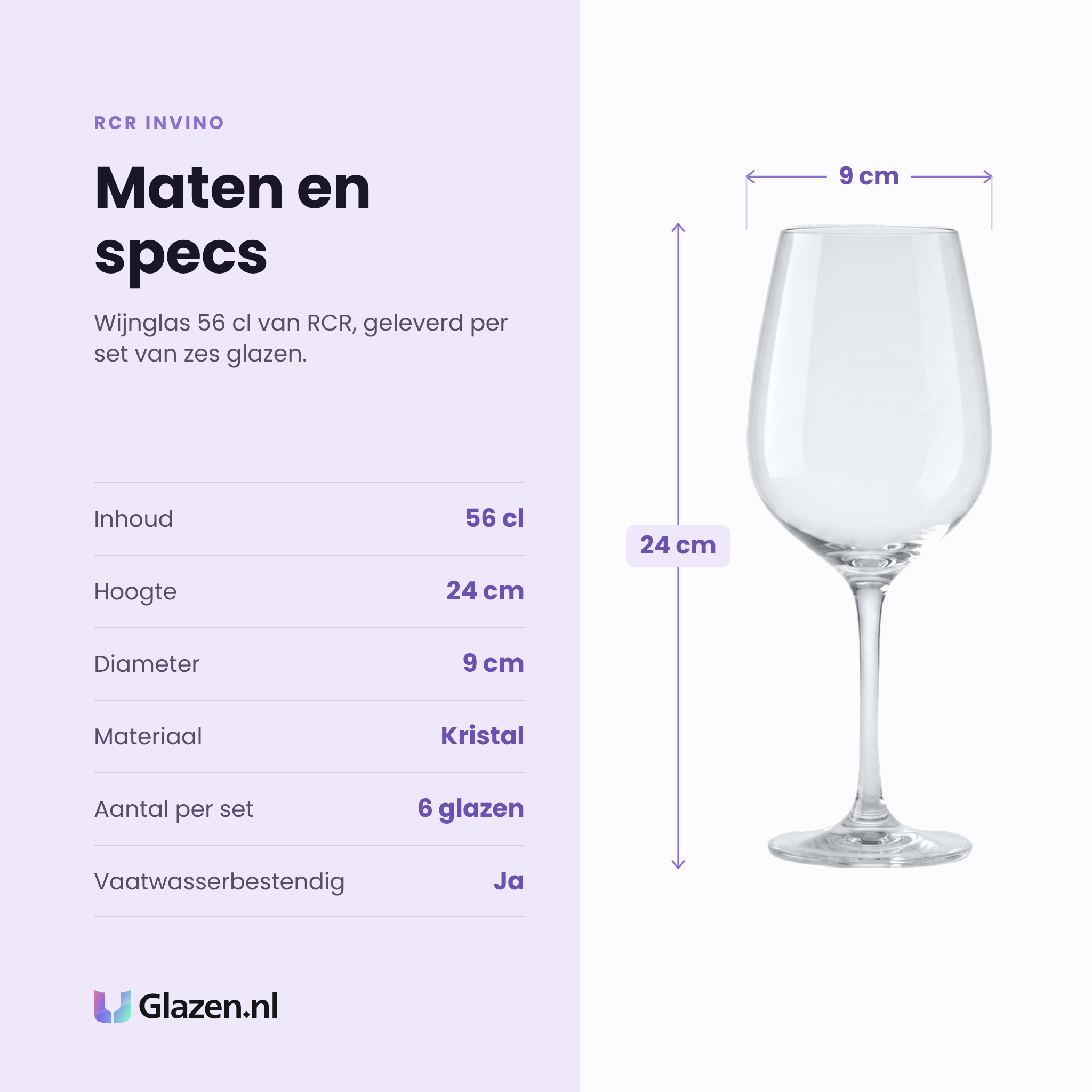 RCR Invino wijnglas 56 cl specificaties: inhoud 56 cl, hoogte 24 cm, diameter 9 cm, kristal, set van 6