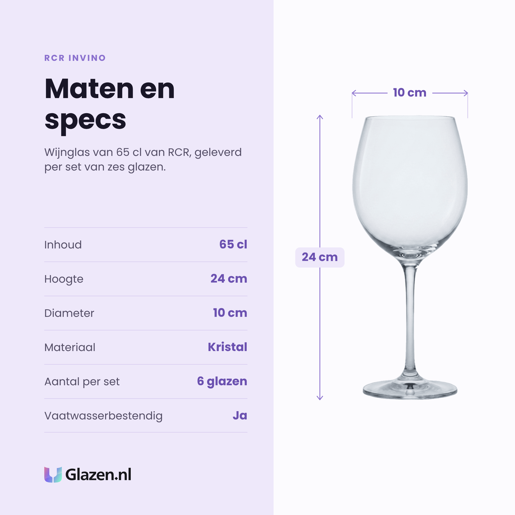 RCR Invino wijnglas 65 cl specificaties: inhoud 65 cl, hoogte 24 cm, diameter 10 cm, kristal, set van 6