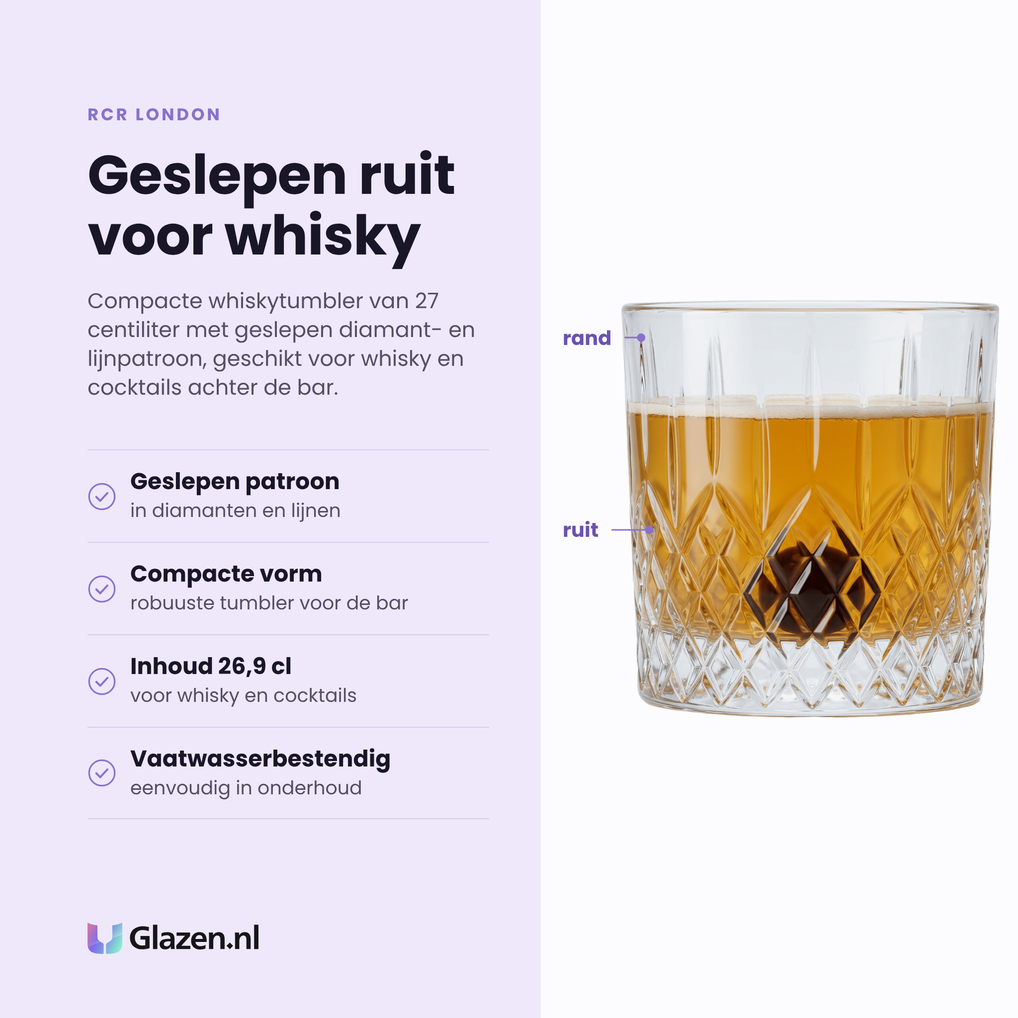 RCR London whiskytumbler 26,9 cl eigenschappen: geslepen diamant- en lijnpatroon, compacte vorm, robuust voor de bar, vaatwasserbestendig