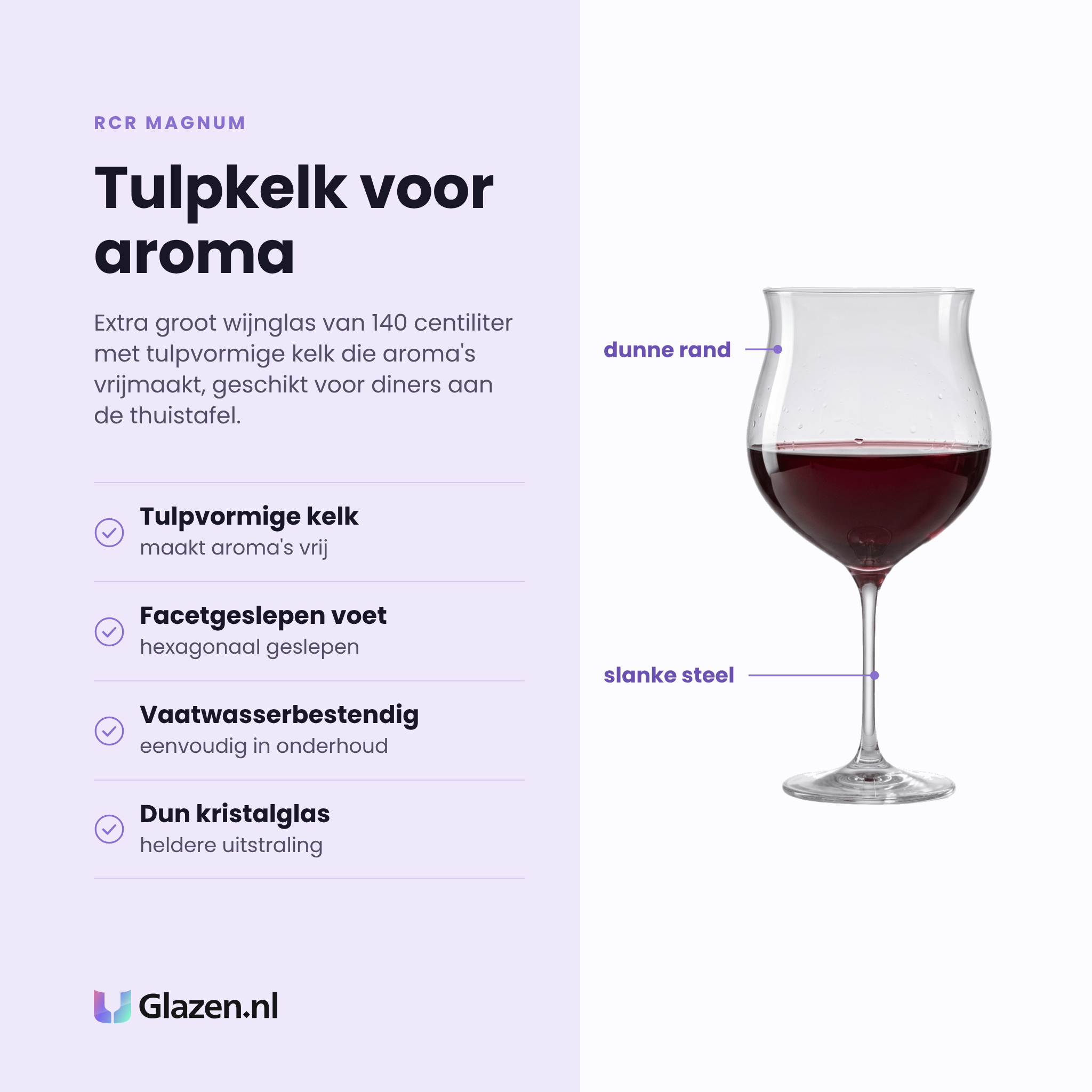 RCR Magnum wijnglas 140 cl eigenschappen: tulpvormige kelk, facetgeslepen voet, vaatwasserbestendig, dun kristalglas