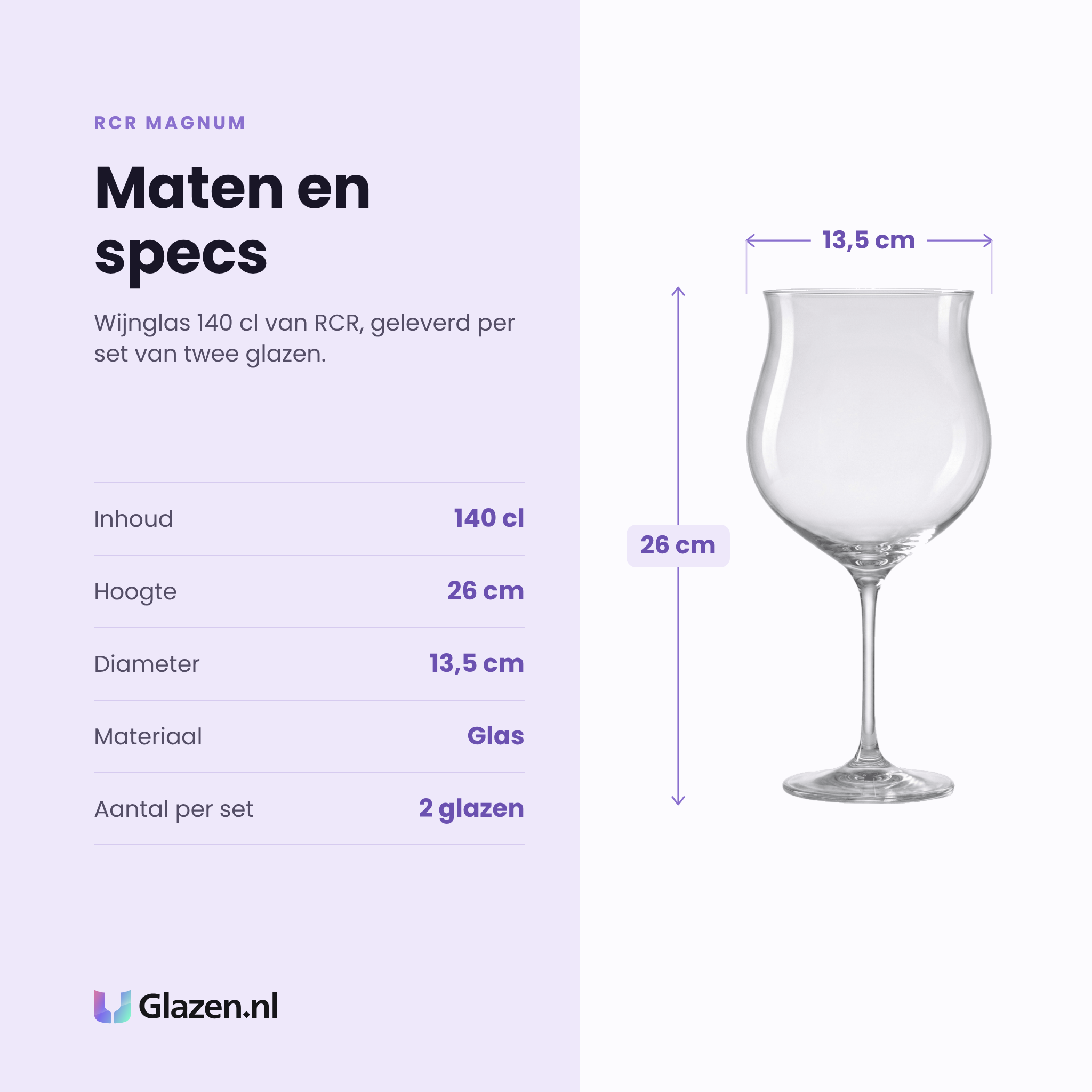 RCR Magnum wijnglas 140 cl specificaties: inhoud 140 cl, hoogte 26 cm, diameter 13,5 cm, glas, set van 2