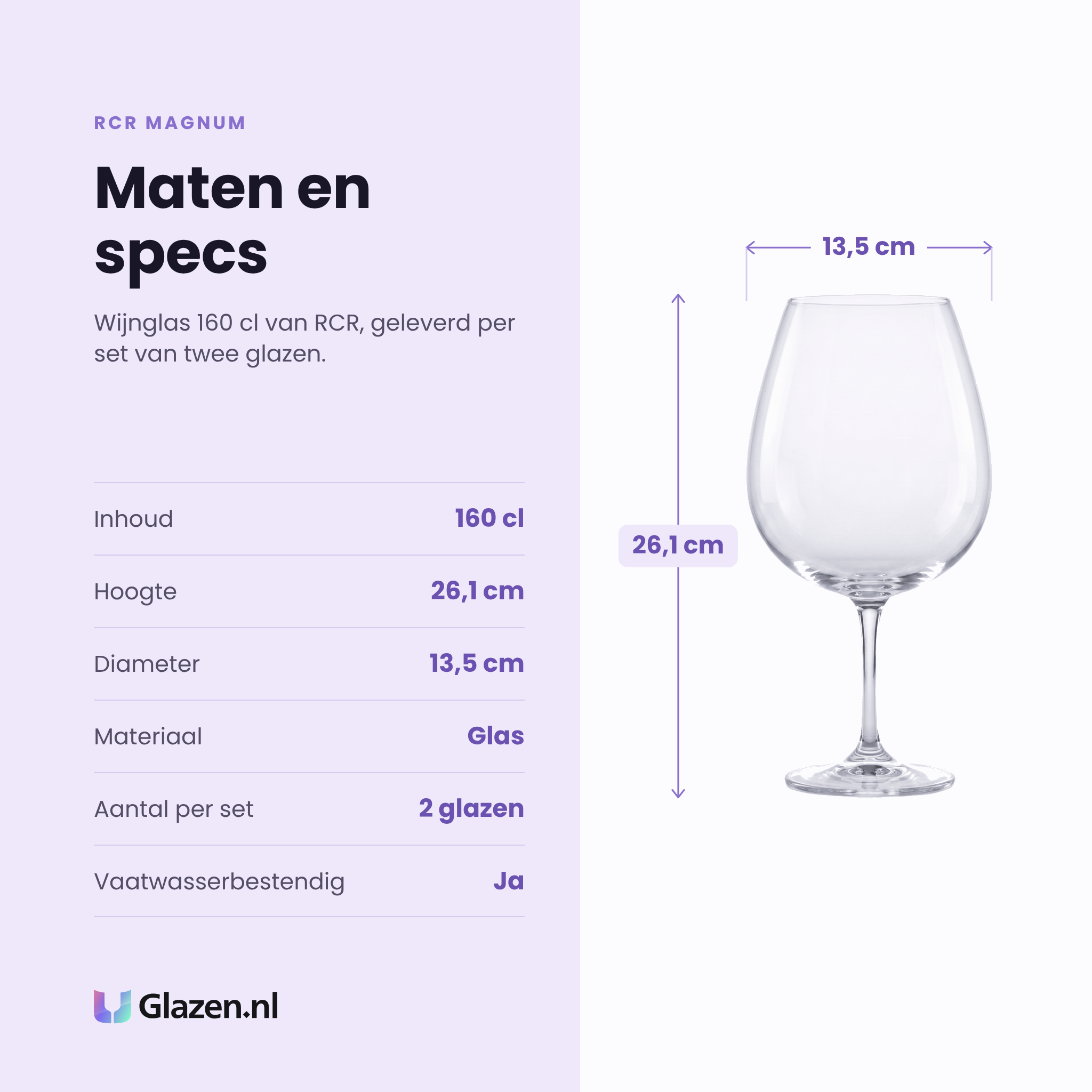 RCR Magnum wijnglas 160 cl specificaties: inhoud 160 cl, hoogte 26,1 cm, diameter 13,5 cm, glas, set van 2