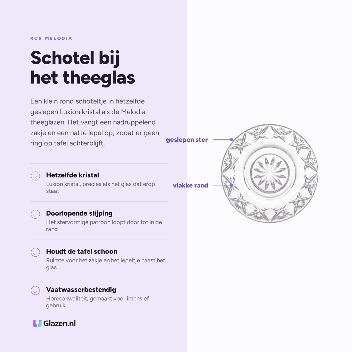 Infographic met de eigenschappen van de RCR Melodia schotel voor theeglazen