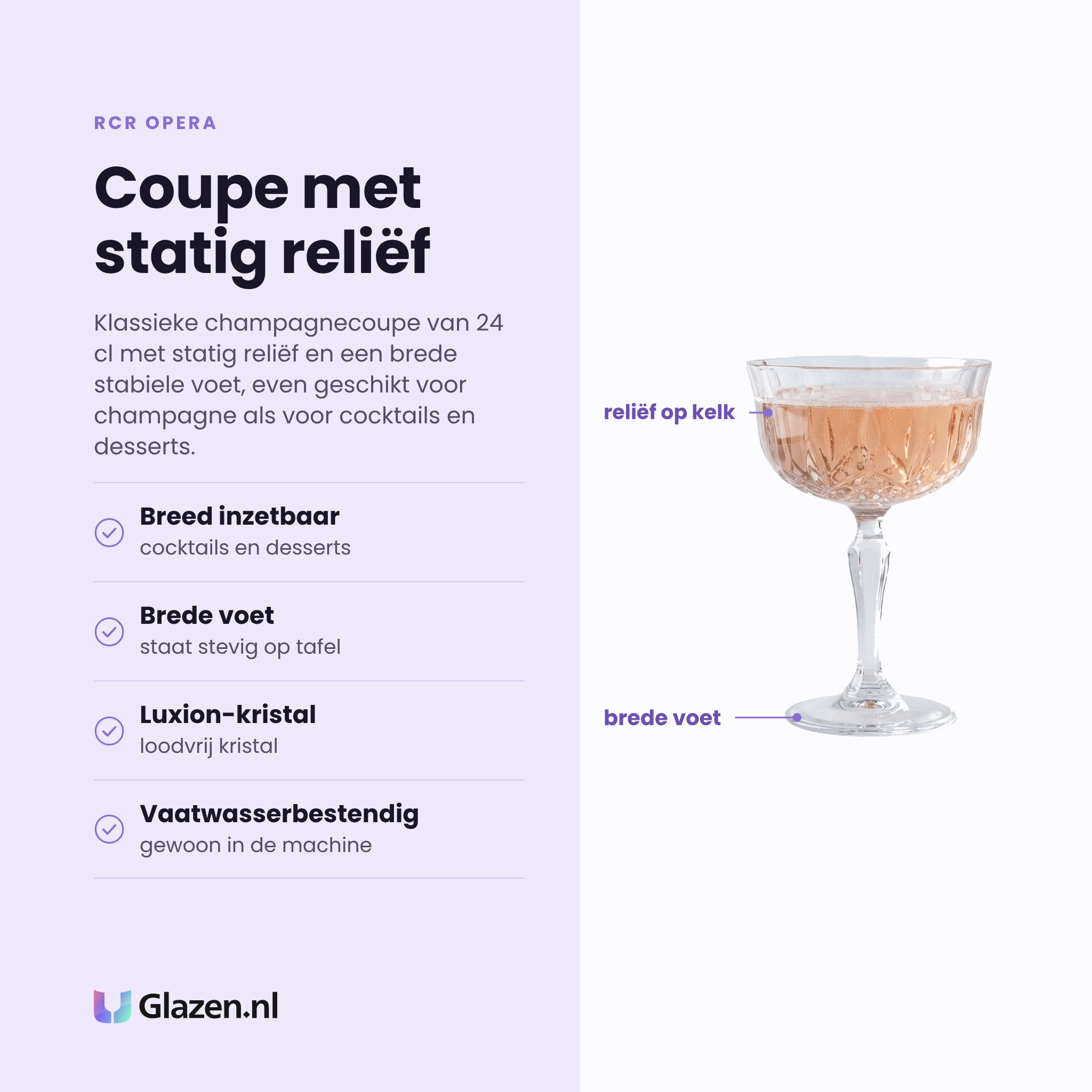 RCR Opera champagnecoupe 24 cl eigenschappen: loodvrij Luxion-kristal, statig reliëf, brede stabiele voet, ook voor cocktails en desserts