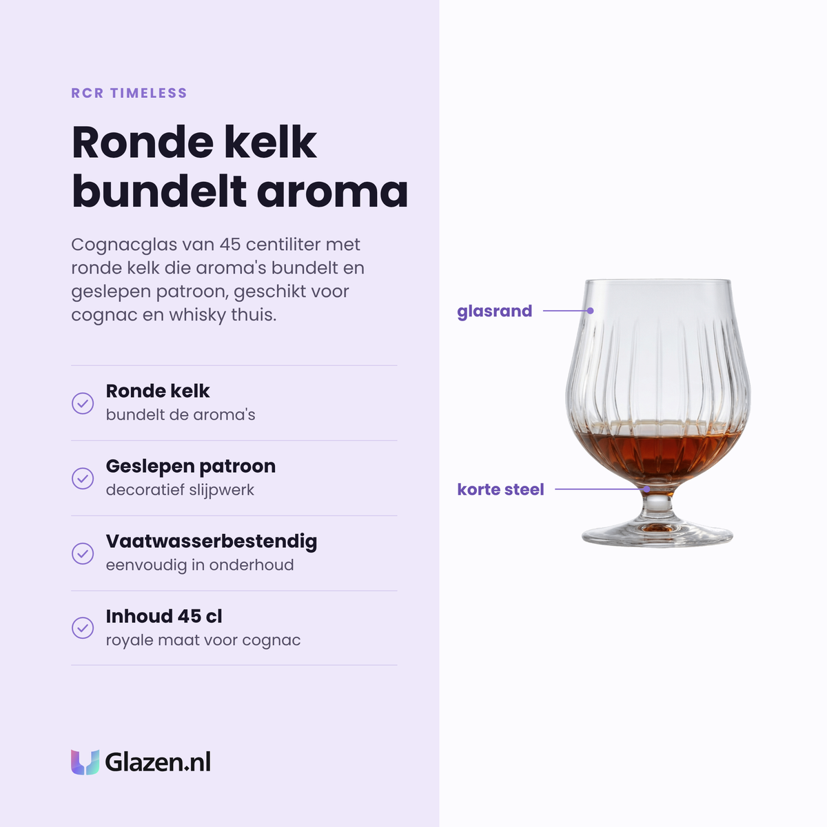 RCR Timeless cognacglas 45 cl eigenschappen: ronde kelk bundelt aroma's, geslepen patroon, vaatwasserbestendig, inhoud 45 cl