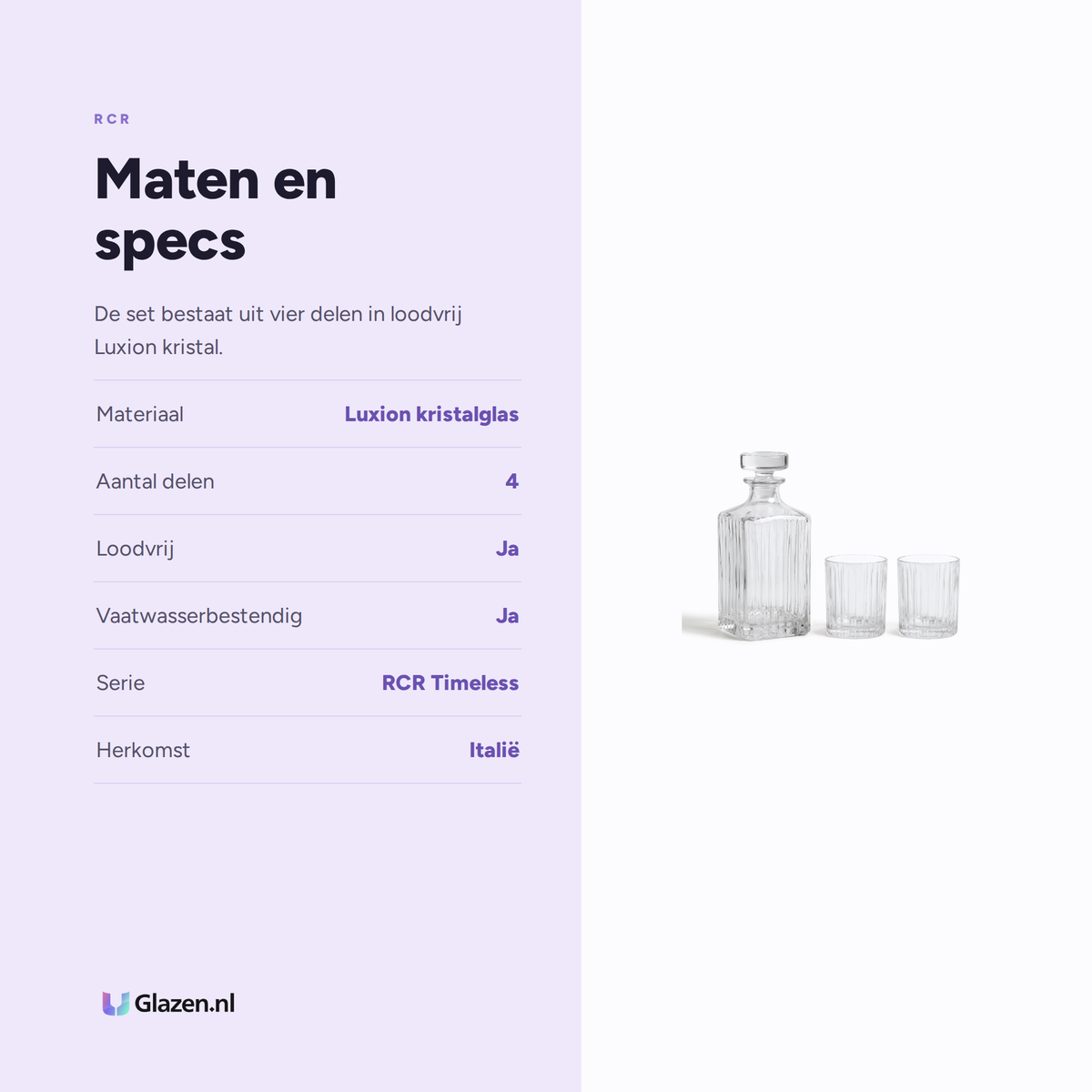 Maten en specificaties van de RCR Timeless Combo set