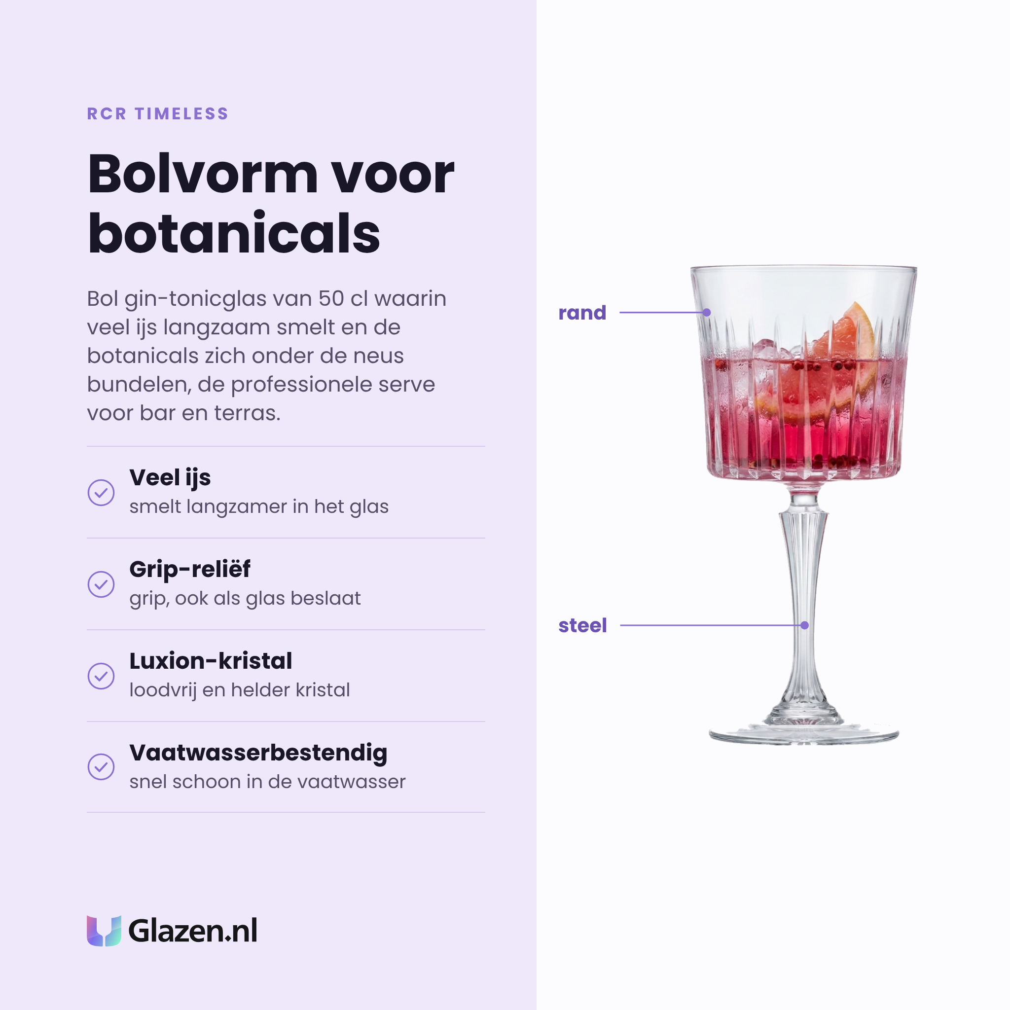 RCR Timeless gin-tonicglas 50 cl eigenschappen: veel ijs, grip-reliëf, luxion-kristal, vaatwasserbestendig