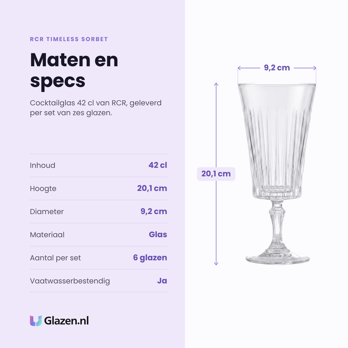 RCR Timeless Sorbet cocktailglas 42 cl specificaties: inhoud 42 cl, hoogte 20,1 cm, diameter 9,2 cm, glas, set van 6