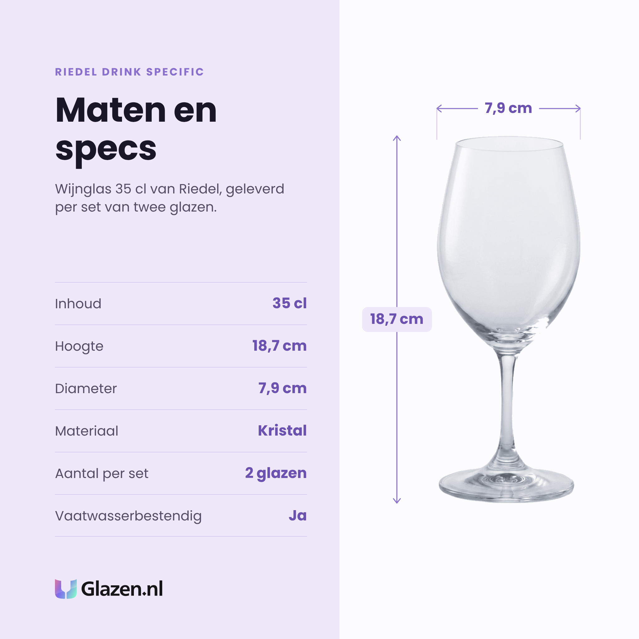 Riedel Drink Specific wijnglas 35 cl specificaties: inhoud 35 cl, hoogte 18,7 cm, diameter 7,9 cm, kristal, set van 2