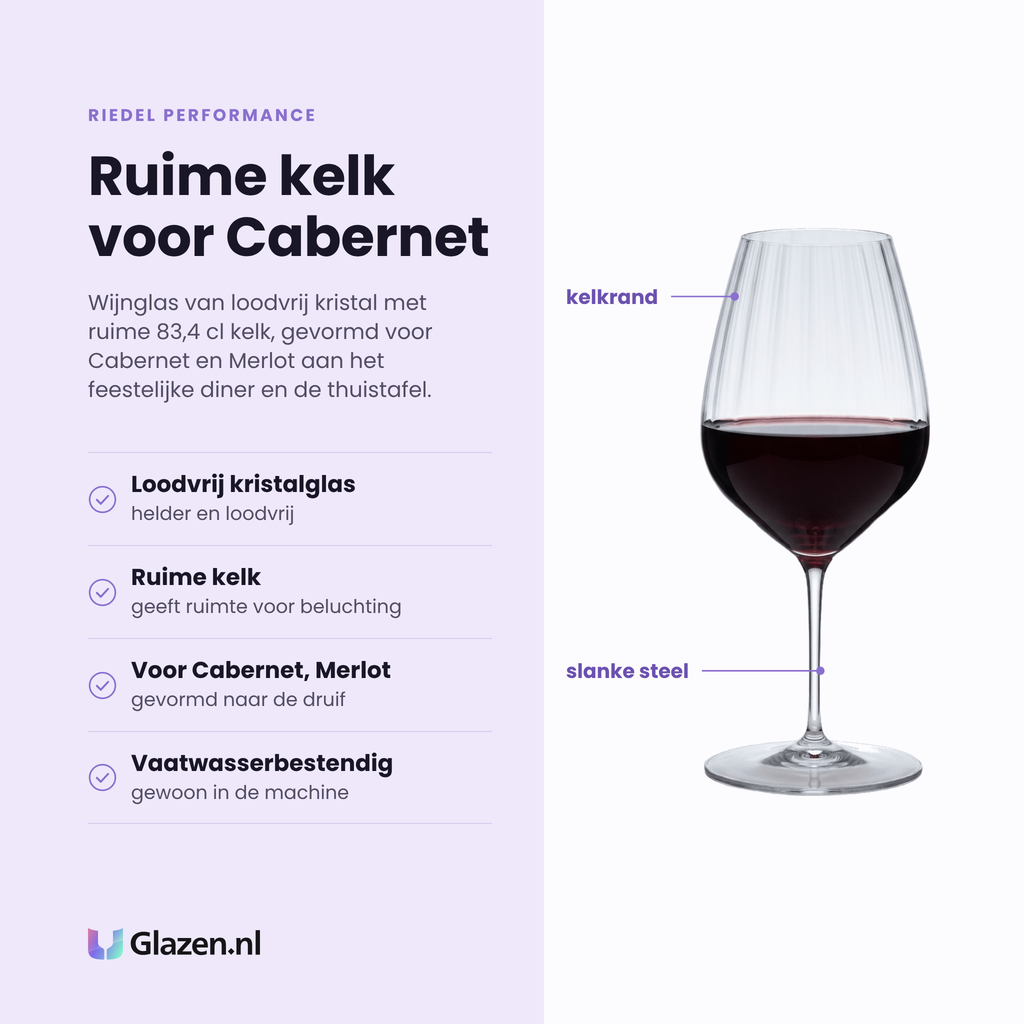Riedel Performance wijnglas 83,4 cl eigenschappen: loodvrij kristalglas, ruime kelk voor beluchting, gevormd voor cabernet en merlot, vaatwasserbestendig
