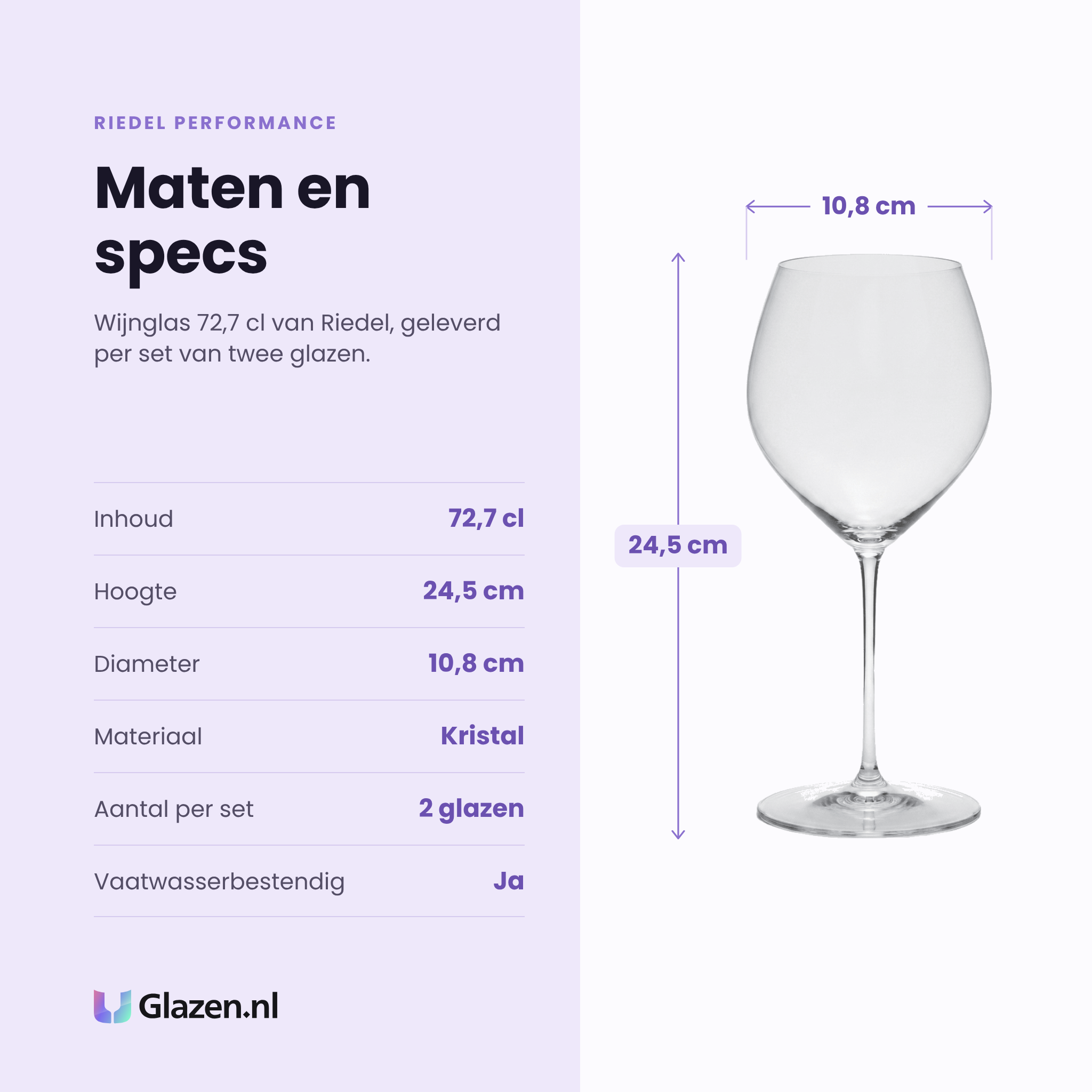 Riedel Performance wijnglas 72,7 cl specificaties: inhoud 72,7 cl, hoogte 24,5 cm, diameter 10,8 cm, kristal, set van 2