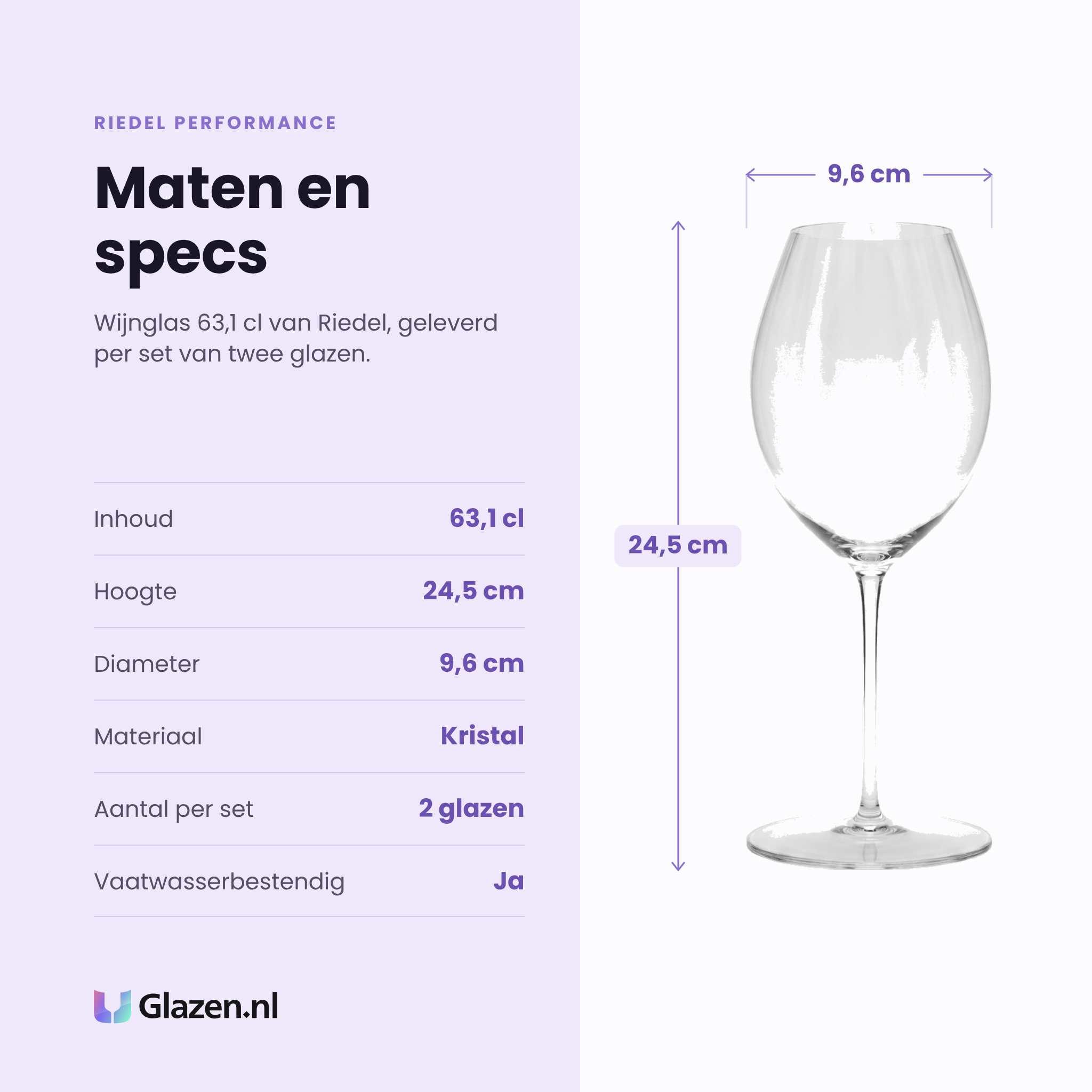 Riedel Performance wijnglas 63,1 cl specificaties: inhoud 63,1 cl, hoogte 24,5 cm, diameter 9,6 cm, kristal, set van 2