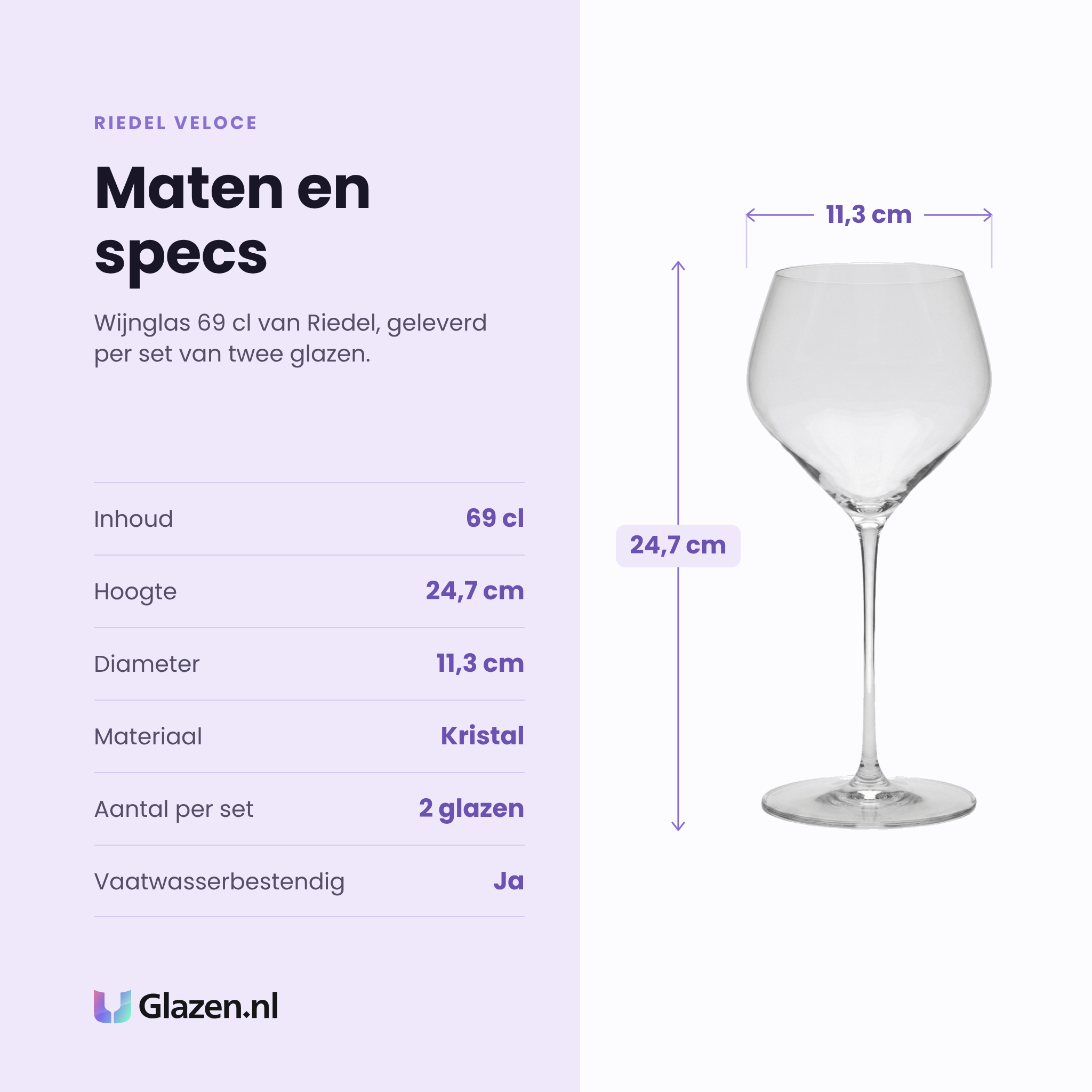 Riedel Veloce wijnglas 69 cl specificaties: inhoud 69 cl, hoogte 24,7 cm, diameter 11,3 cm, kristal, set van 2