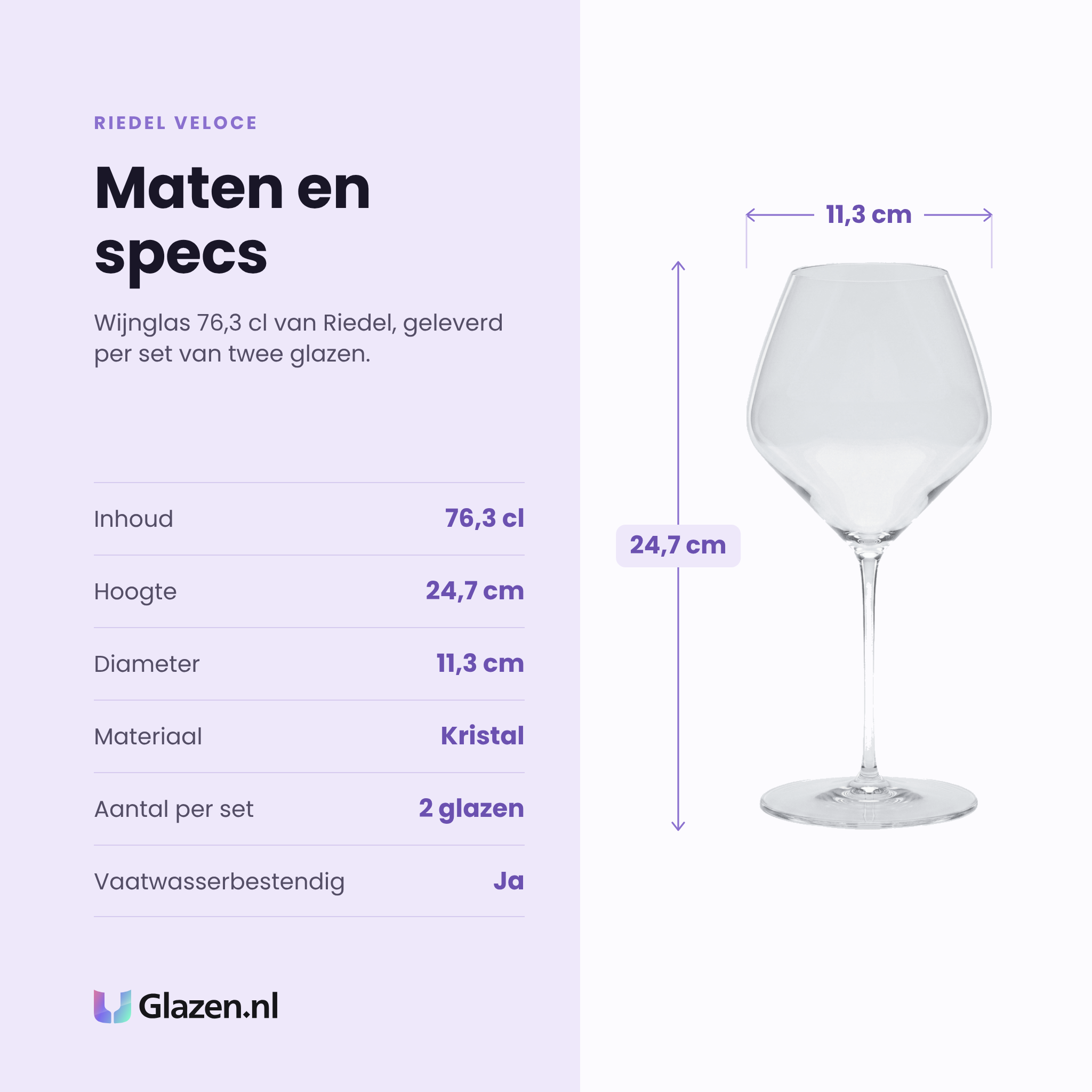 Riedel Veloce wijnglas 76,3 cl specificaties: inhoud 76,3 cl, hoogte 24,7 cm, diameter 11,3 cm, kristal, set van 2