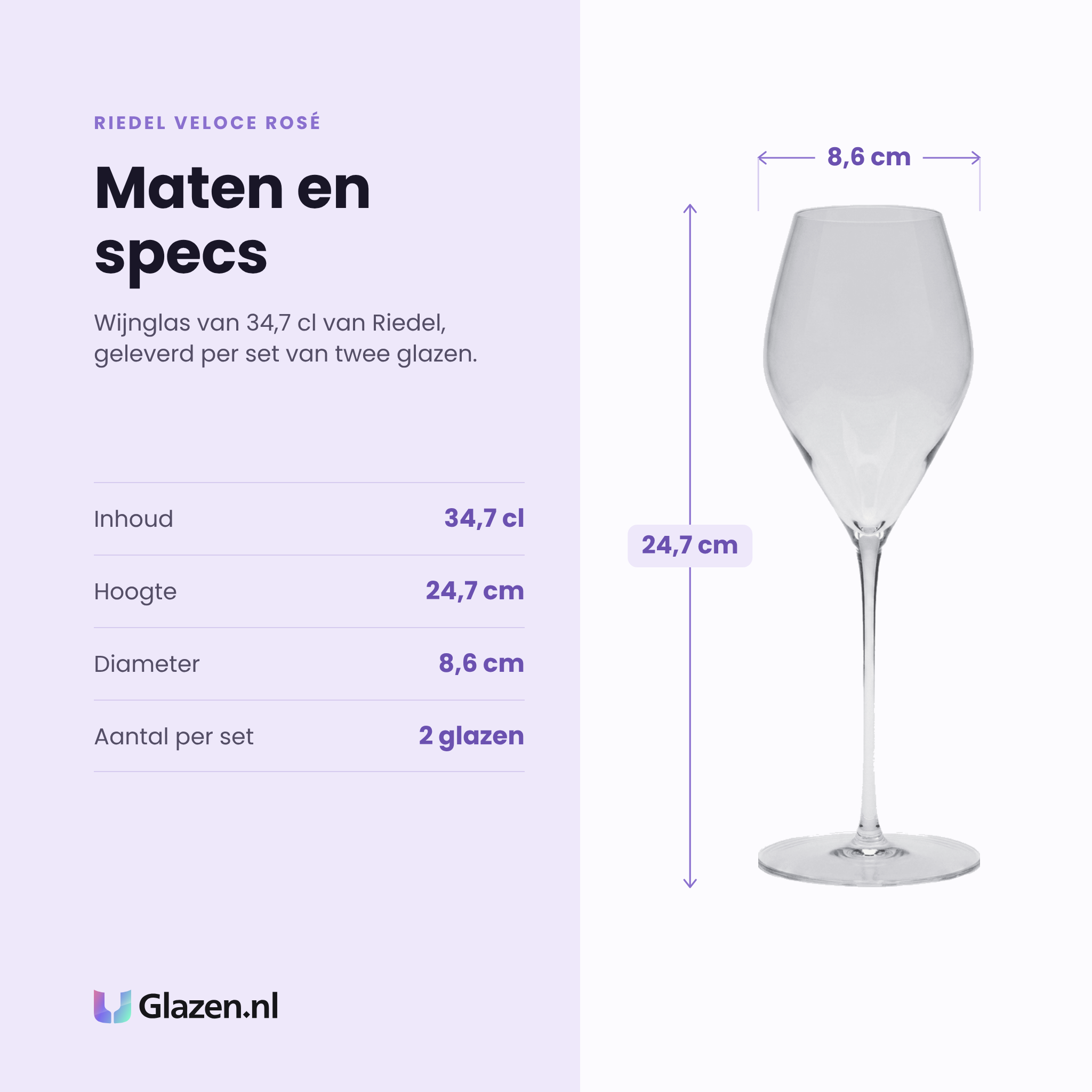 Riedel Veloce Rosé wijnglas 34,7 cl specificaties: inhoud 34,7 cl, hoogte 24,7 cm, diameter 8,6 cm, set van 2