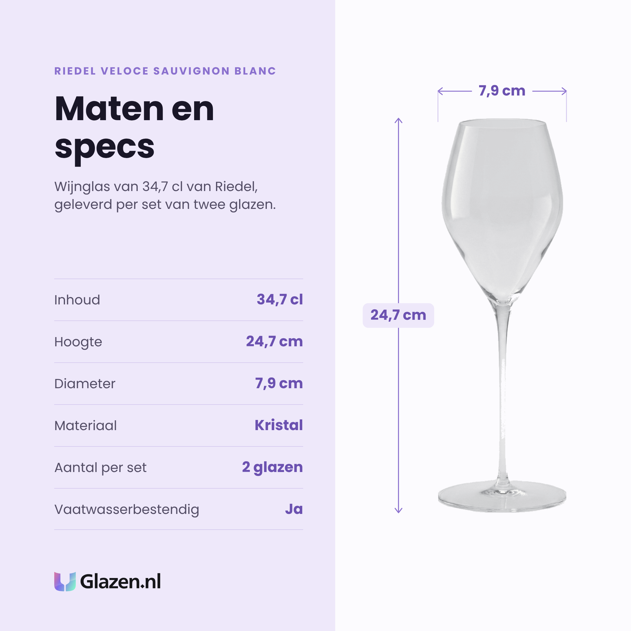 Riedel Veloce Sauvignon Blanc wijnglas 34,7 cl specificaties: inhoud 34,7 cl, hoogte 24,7 cm, diameter 7,9 cm, kristal, set van 2
