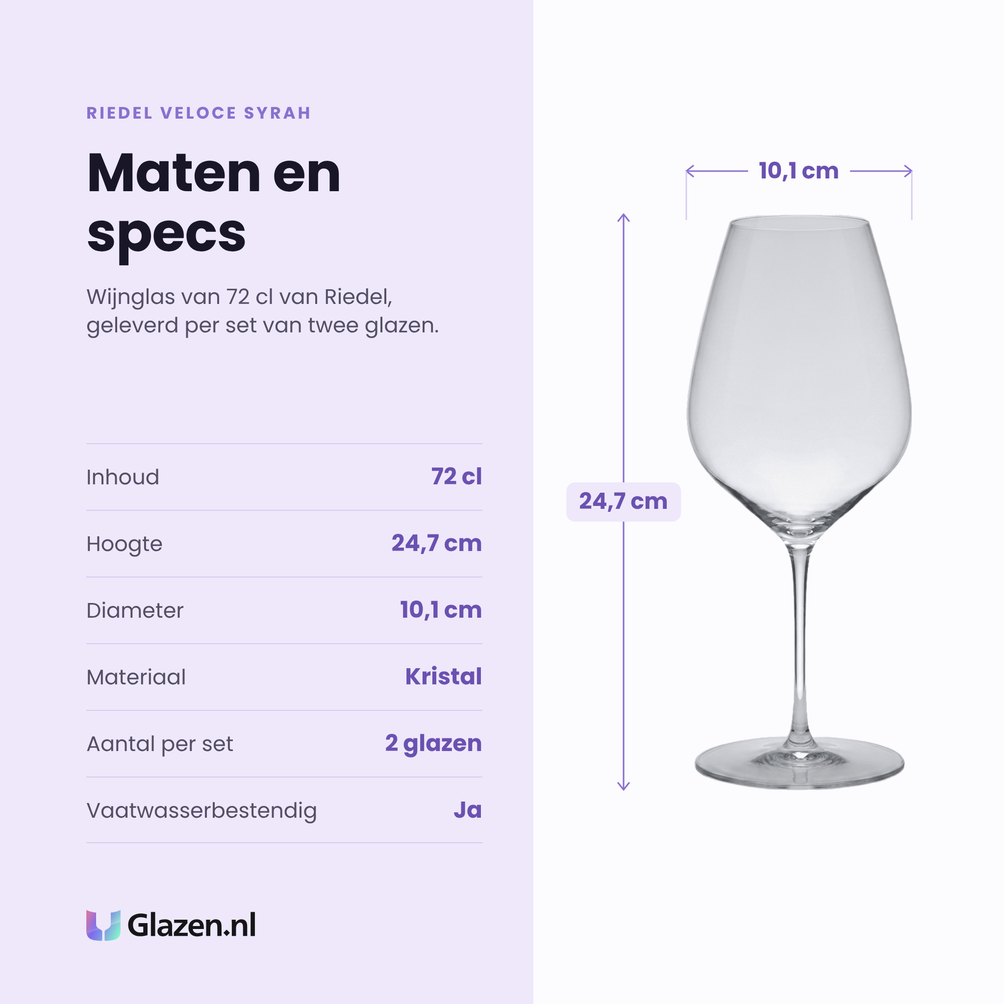 Riedel Veloce Syrah wijnglas 72 cl specificaties: inhoud 72 cl, hoogte 24,7 cm, diameter 10,1 cm, kristal, set van 2