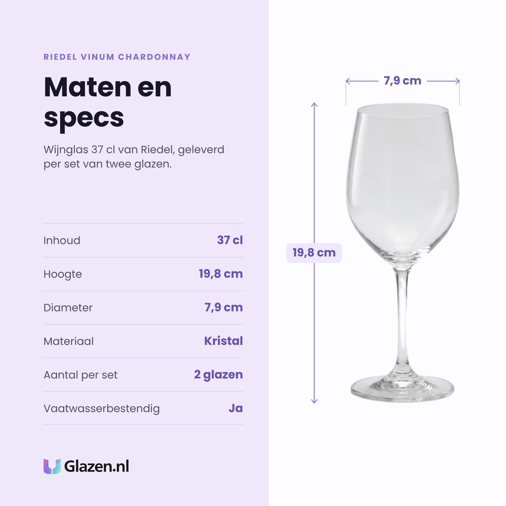 Riedel Vinum Chardonnay wijnglas 37 cl specificaties: inhoud 37 cl, hoogte 19,8 cm, diameter 7,9 cm, kristal, set van 2