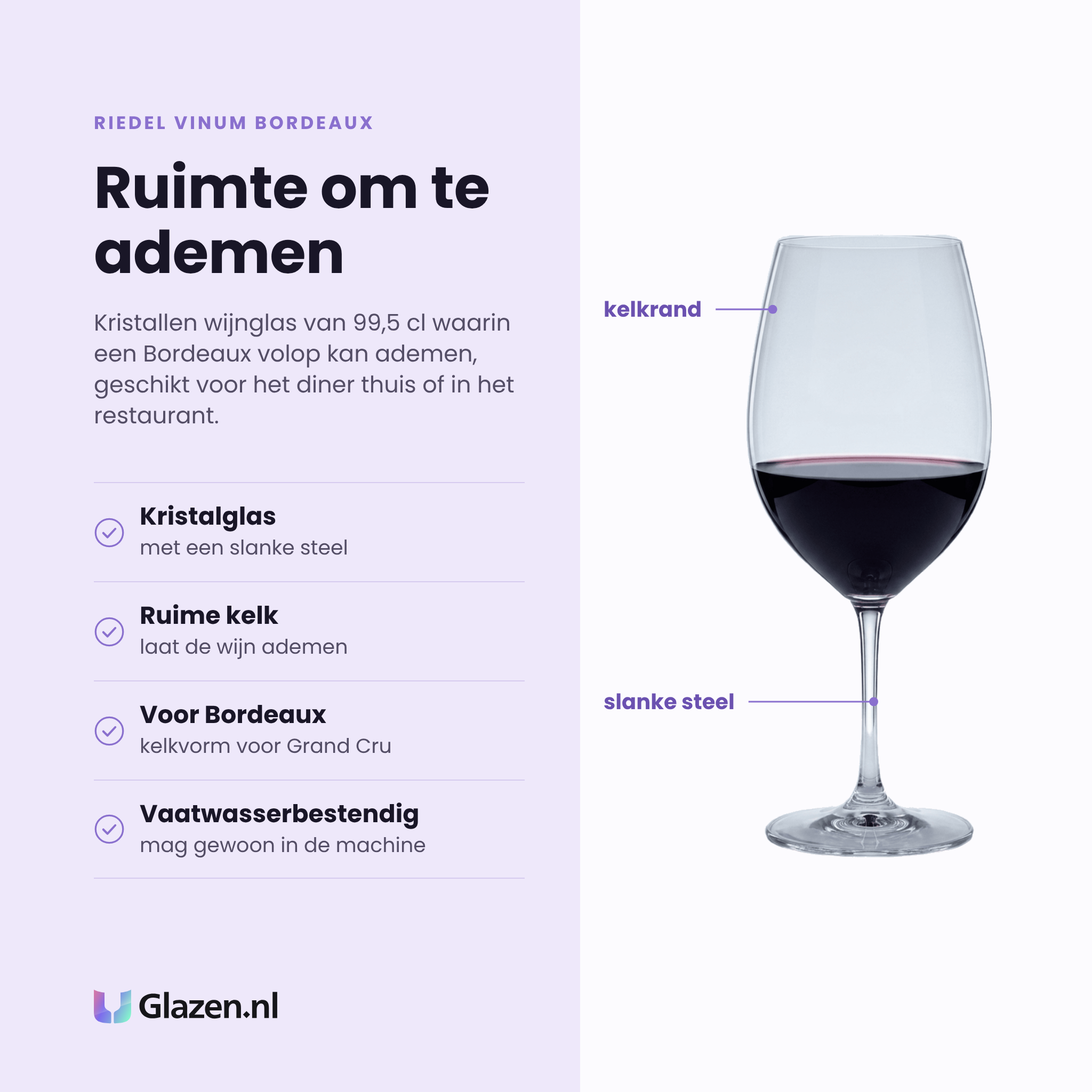 Riedel Vinum Bordeaux wijnglas 99,5 cl eigenschappen: kristalglas met slanke steel, ruime kelk laat de wijn ademen, kelkvorm voor bordeaux grand cru, vaatwasserbestendig