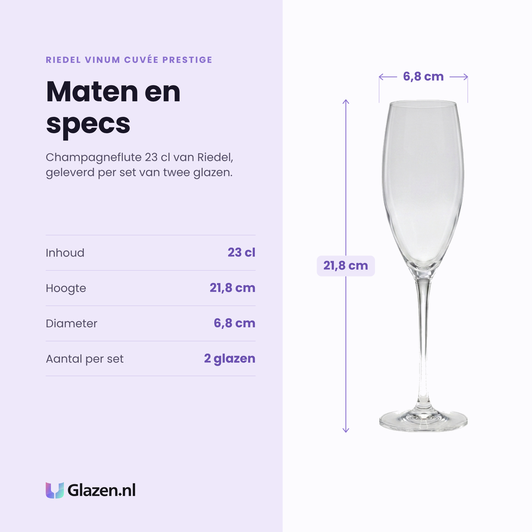 Riedel Vinum Cuvée Prestige champagneflute 23 cl specificaties: inhoud 23 cl, hoogte 21,8 cm, diameter 6,8 cm, set van 2
