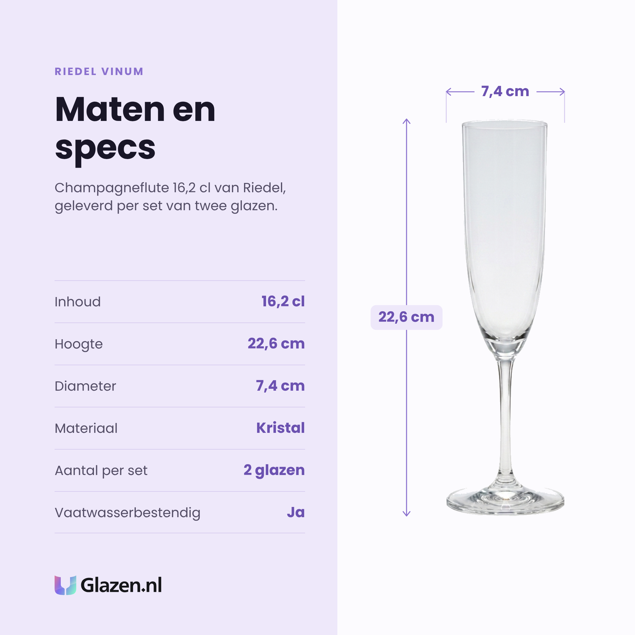 Riedel Vinum champagneflute 16,2 cl specificaties: inhoud 16,2 cl, hoogte 22,6 cm, diameter 7,4 cm, kristal, set van 2