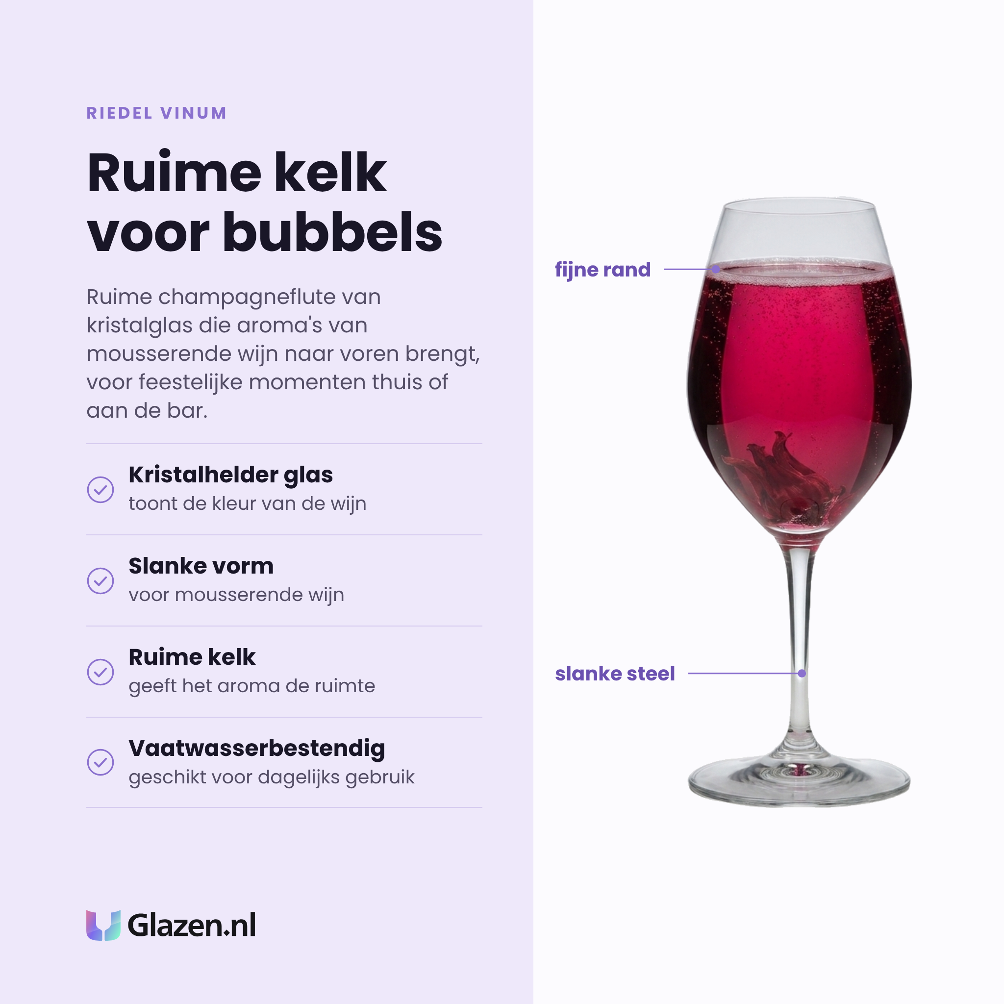 Riedel Vinum champagneglas 44,5 cl eigenschappen: kristalhelder glas, slanke vorm voor mousserende wijn, ruime kelk, vaatwasserbestendig