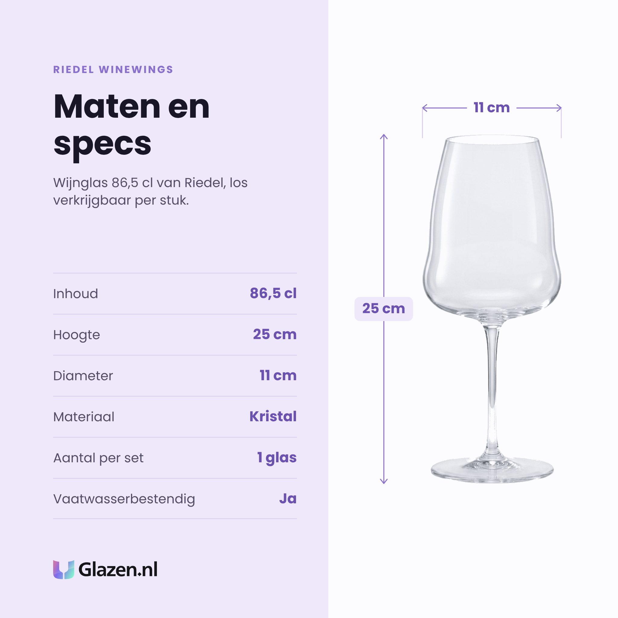 Riedel Winewings wijnglas 86,5 cl specificaties: inhoud 86,5 cl, hoogte 25 cm, diameter 11 cm, kristal, per stuk