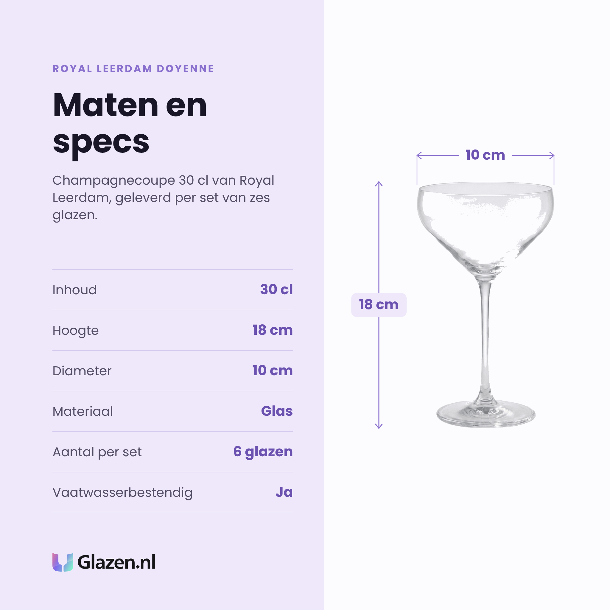 Royal Leerdam Doyenne champagnecoupe 30 cl specificaties: inhoud 30 cl, hoogte 18 cm, diameter 10 cm, glas, set van 6