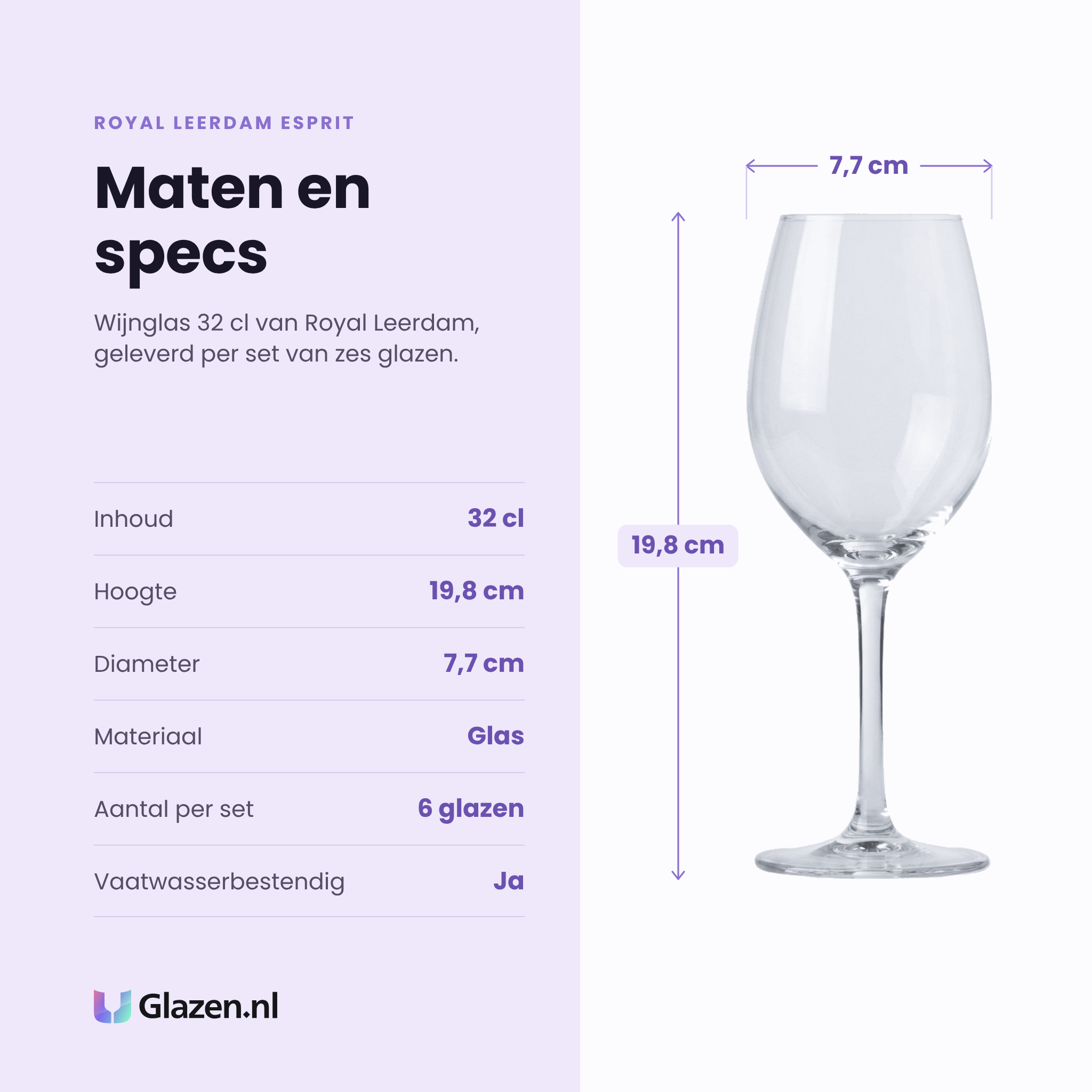 Royal Leerdam Esprit wijnglas 32 cl specificaties: inhoud 32 cl, hoogte 19,8 cm, diameter 7,7 cm, glas, set van 6