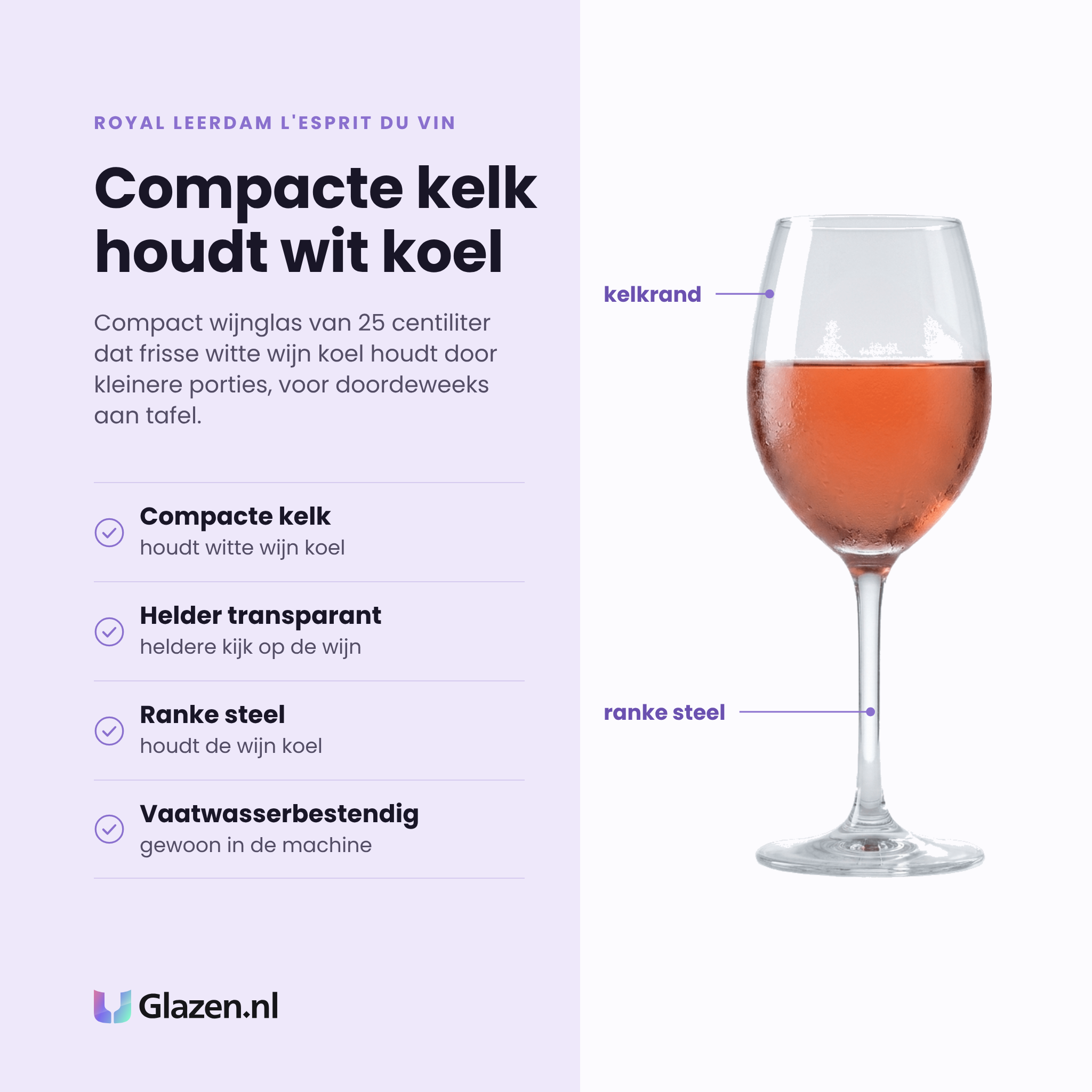 Royal Leerdam L'Esprit Du Vin wijnglas 25 cl eigenschappen: compacte kelk houdt witte wijn koel, helder transparant glas, ranke steel, vaatwasserbestendig