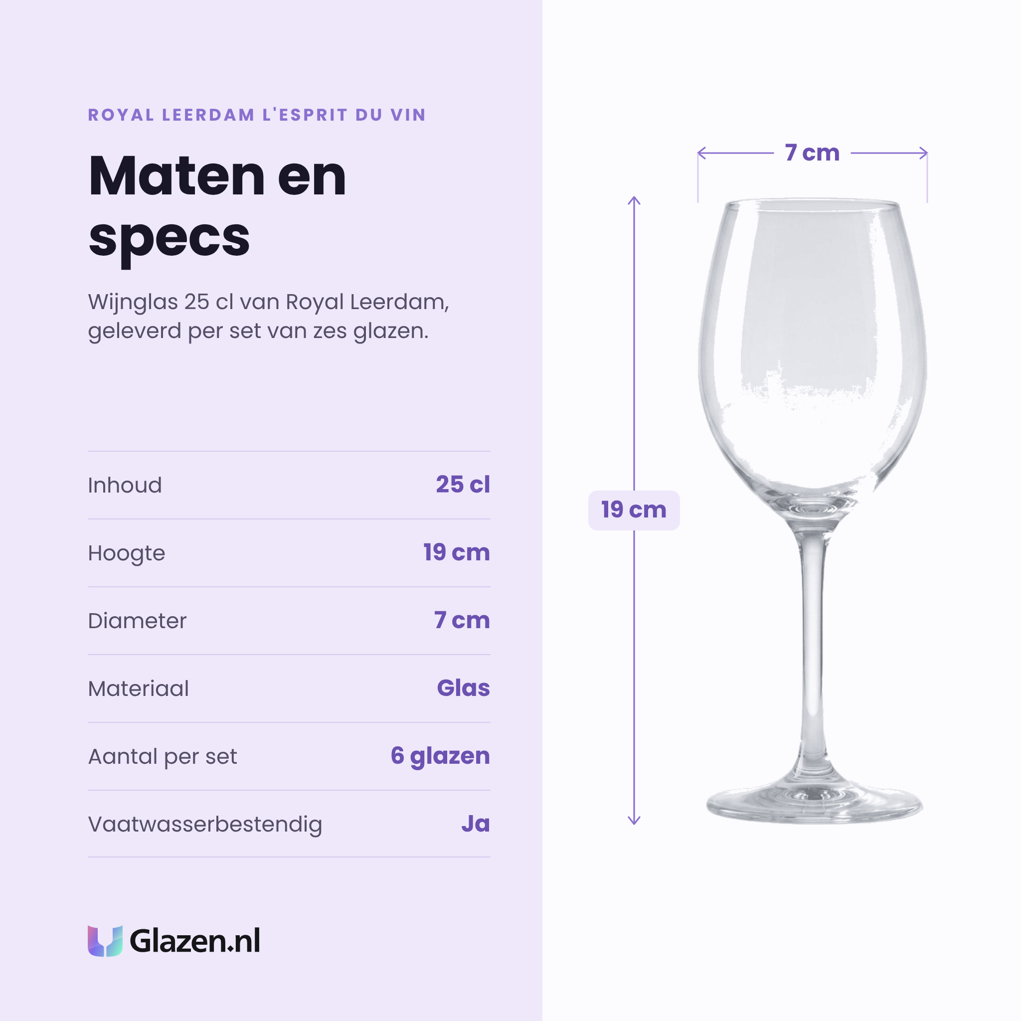 Royal Leerdam L'Esprit Du Vin wijnglas 25 cl specificaties: inhoud 25 cl, hoogte 19 cm, diameter 7 cm, glas, set van 6