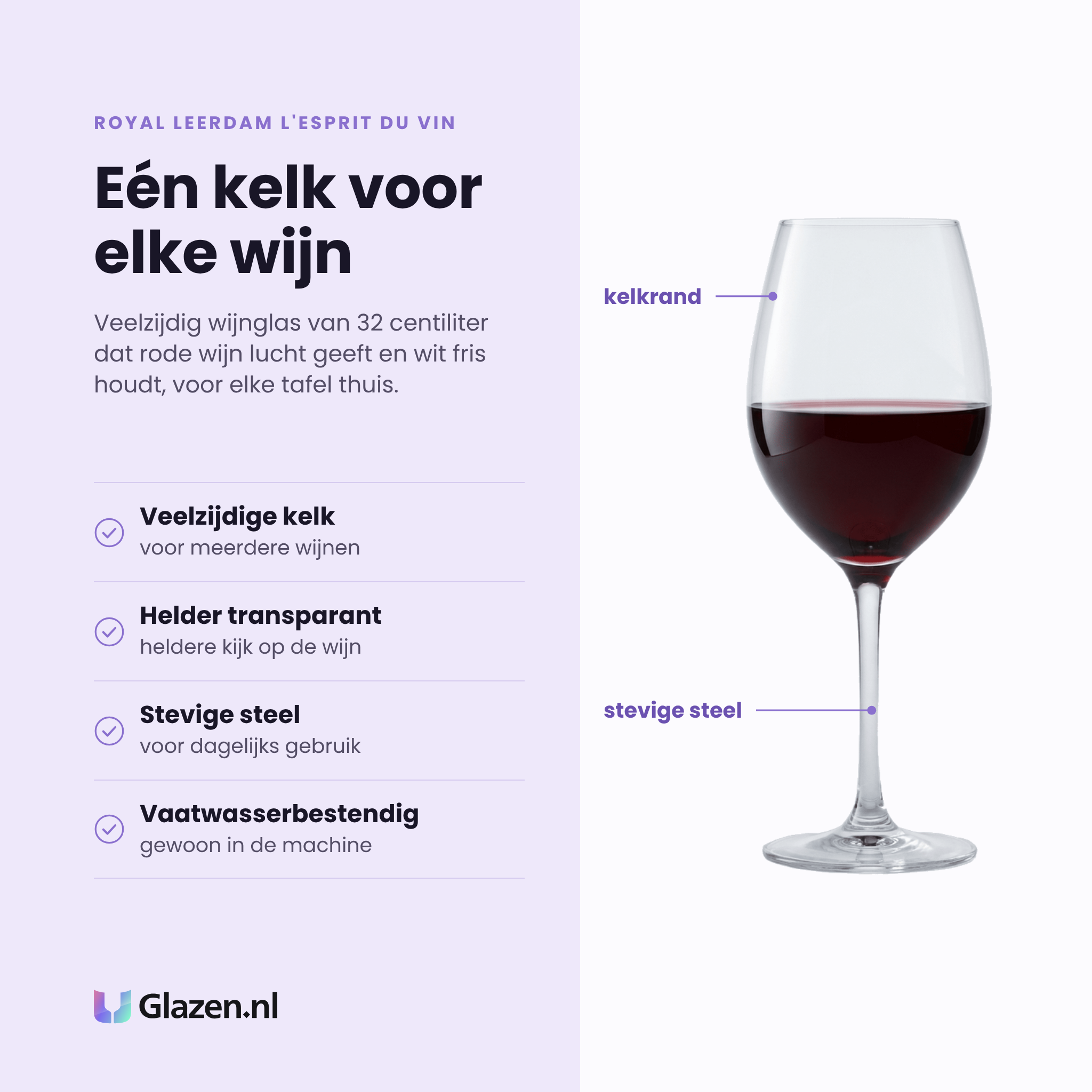 Royal Leerdam L'Esprit Du Vin wijnglas 32 cl eigenschappen: veelzijdige kelk voor meerdere wijnen, helder transparant glas, stevige steel, vaatwasserbestendig